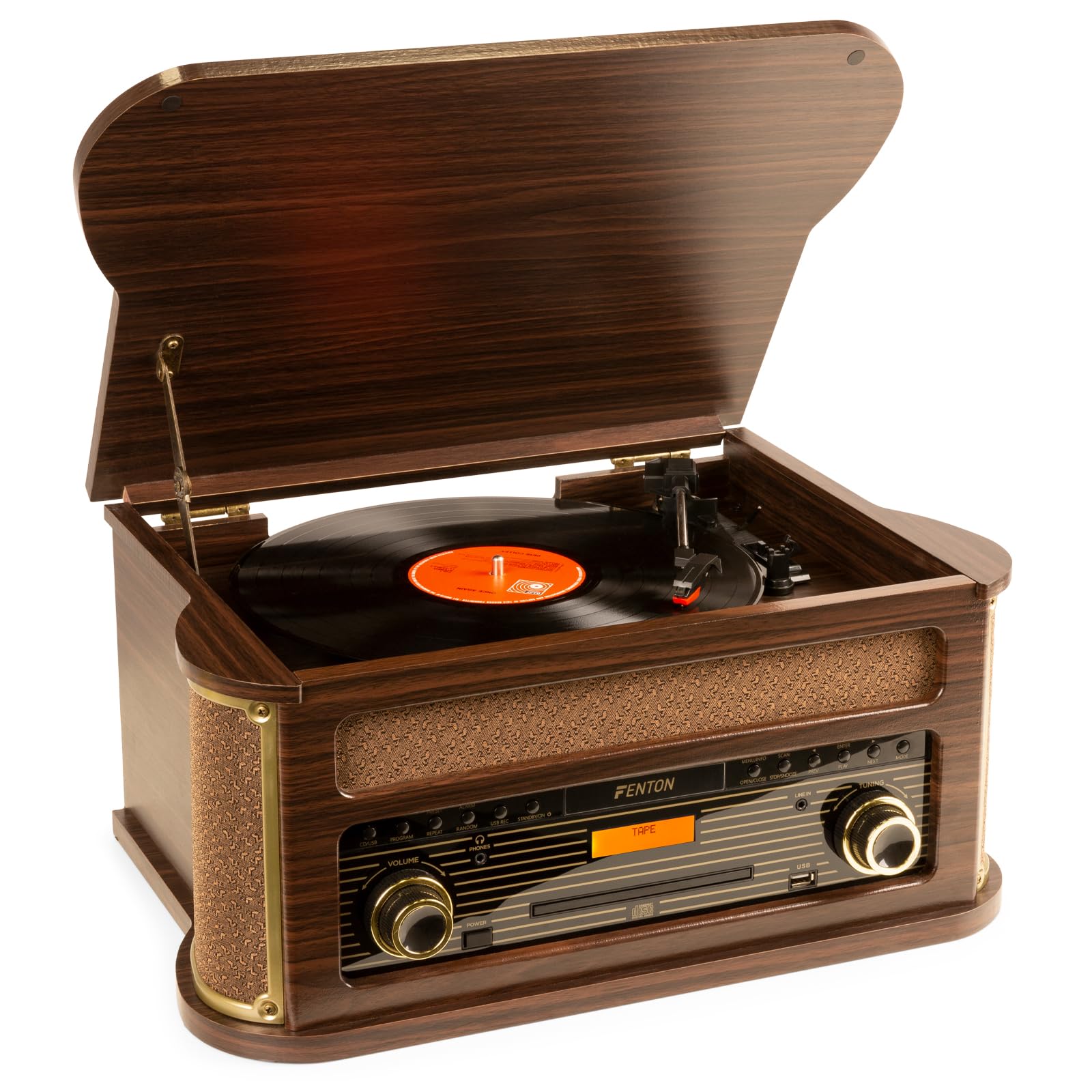 Fenton Memphis, Kompaktanlage mit Plattenspieler Retro, DAB+ Radio, MP3, CD | Retro Schallplattenspieler mit DAB Radio, Bluetooth, Kassettenpieler, USB, Dunkelbraun, FM, Vinyl Player, Kassettenspieler