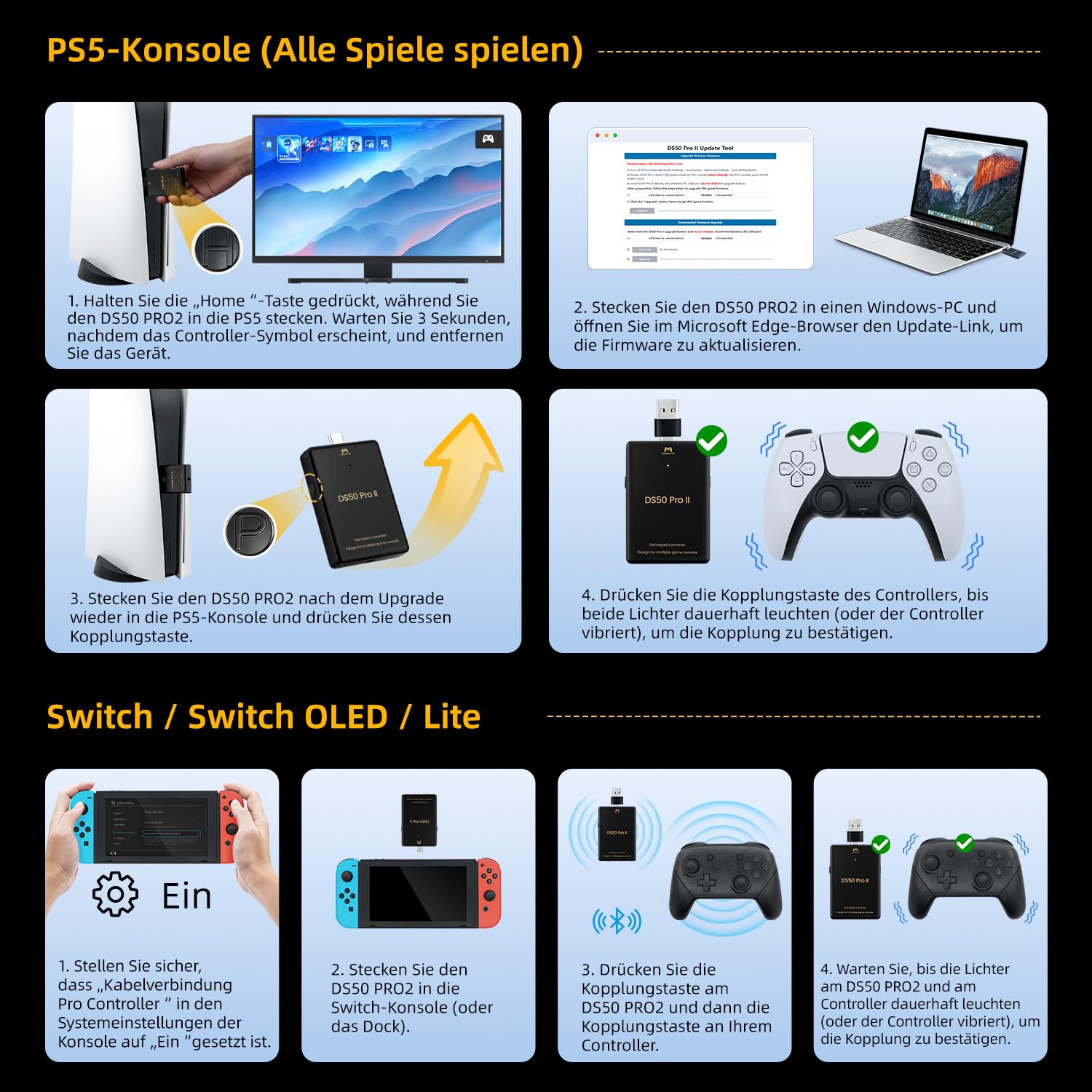 Besavior DS50 PRO 2 Controller-Adapter, Unterstützt PS5/PS4/Xbox One S/Series X/S/Elite 2/Switch Pro Controller auf PS5/PS4/PS3/PC/Switch 2&1/Lite, 3,5mm Audio, Makro & Motion-Assist, Plug & Play