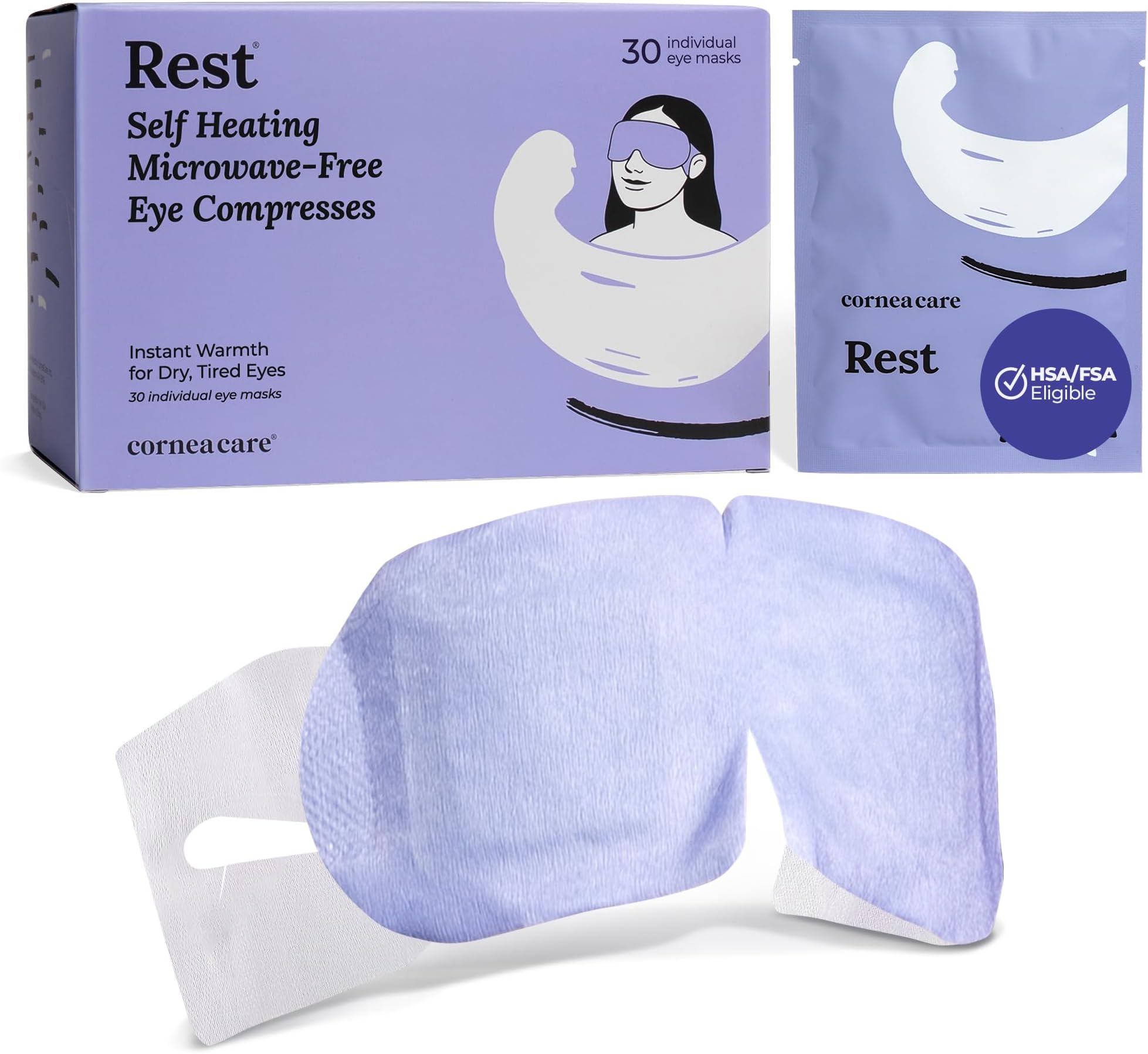 CorneaCare Rest: Self Heating Warm Compress for Dry Eyes | Heated Eye Mask for Fast Relief | Steam Mask for Stye Treatment | No Microwave or Washcloth Needed | Travel Ready Warm Compress | 30 Count