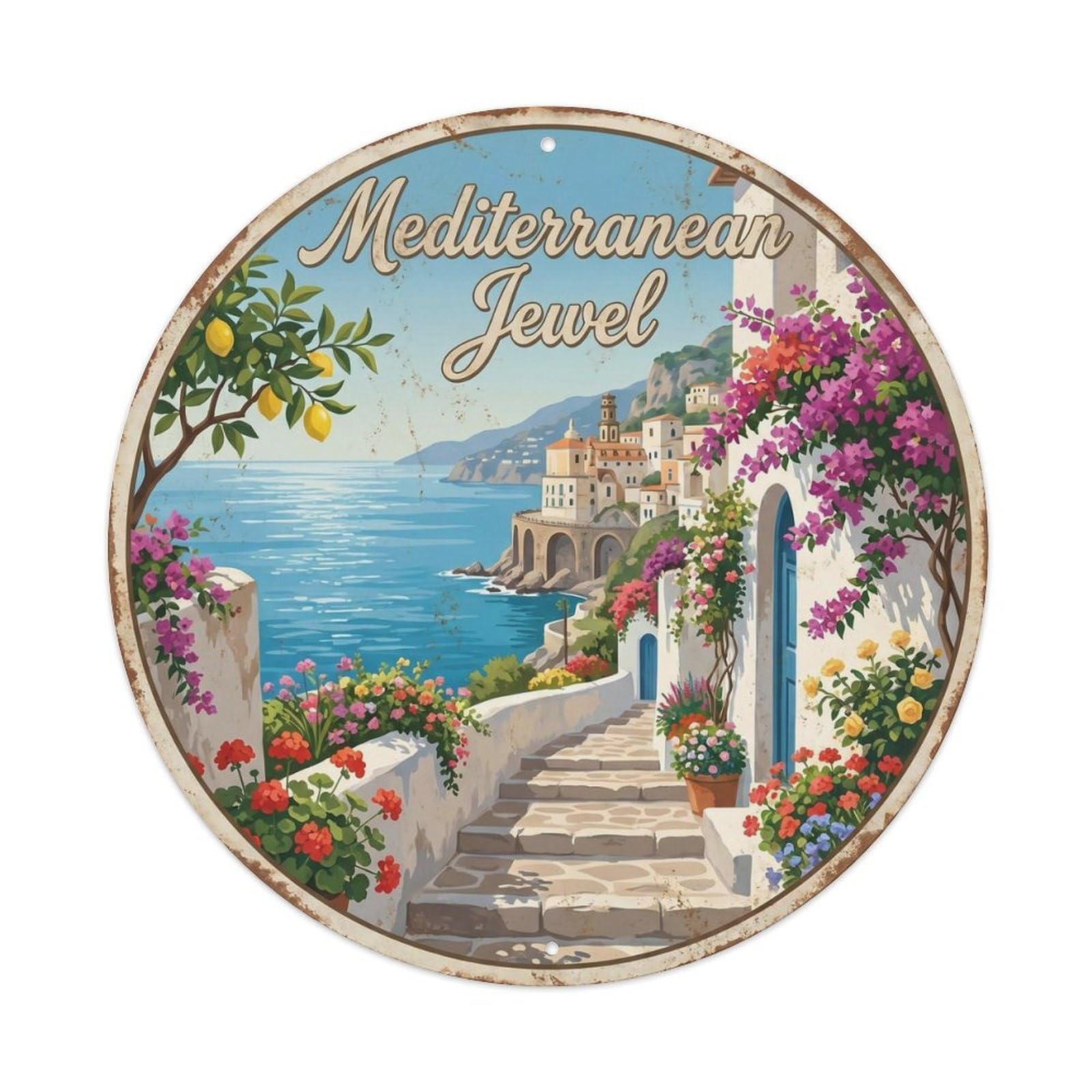 Italian Seaside Coastal Pathway Classic Travel Panorama Metal Tin Sign Plaque Wall Decor for Cafe, Man Cave, Club Bar, Office, Home Garden Round Metal Poster 8x8Inch