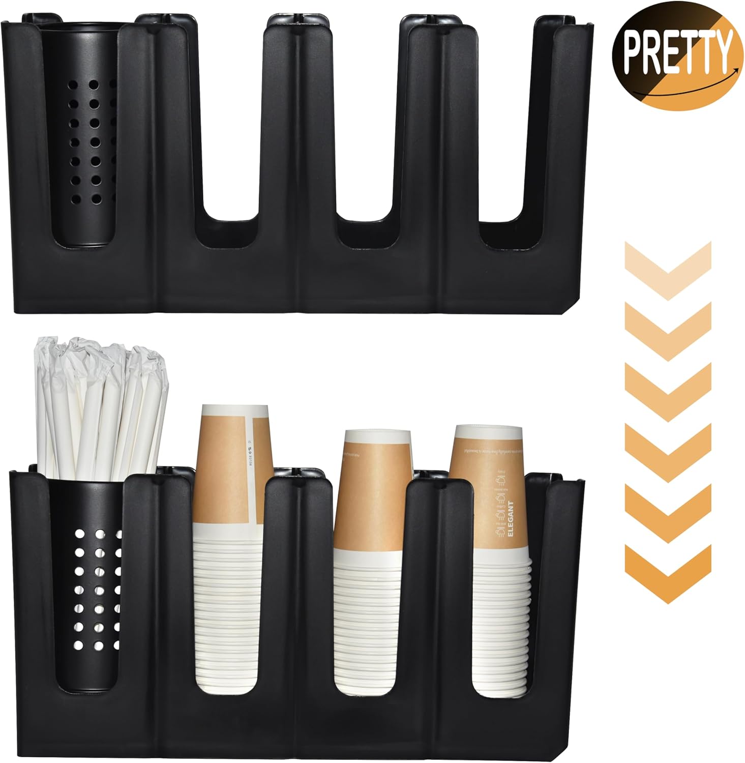 Cup Holder Lid Dispenser with Straw Organizer,4 Compartment 7 Adjusting,Disposable Paper Cup Storage Organizer for Breakroom Countertop Coffee Station Bar Restaurant Beverage Kitchen Coffee Truck