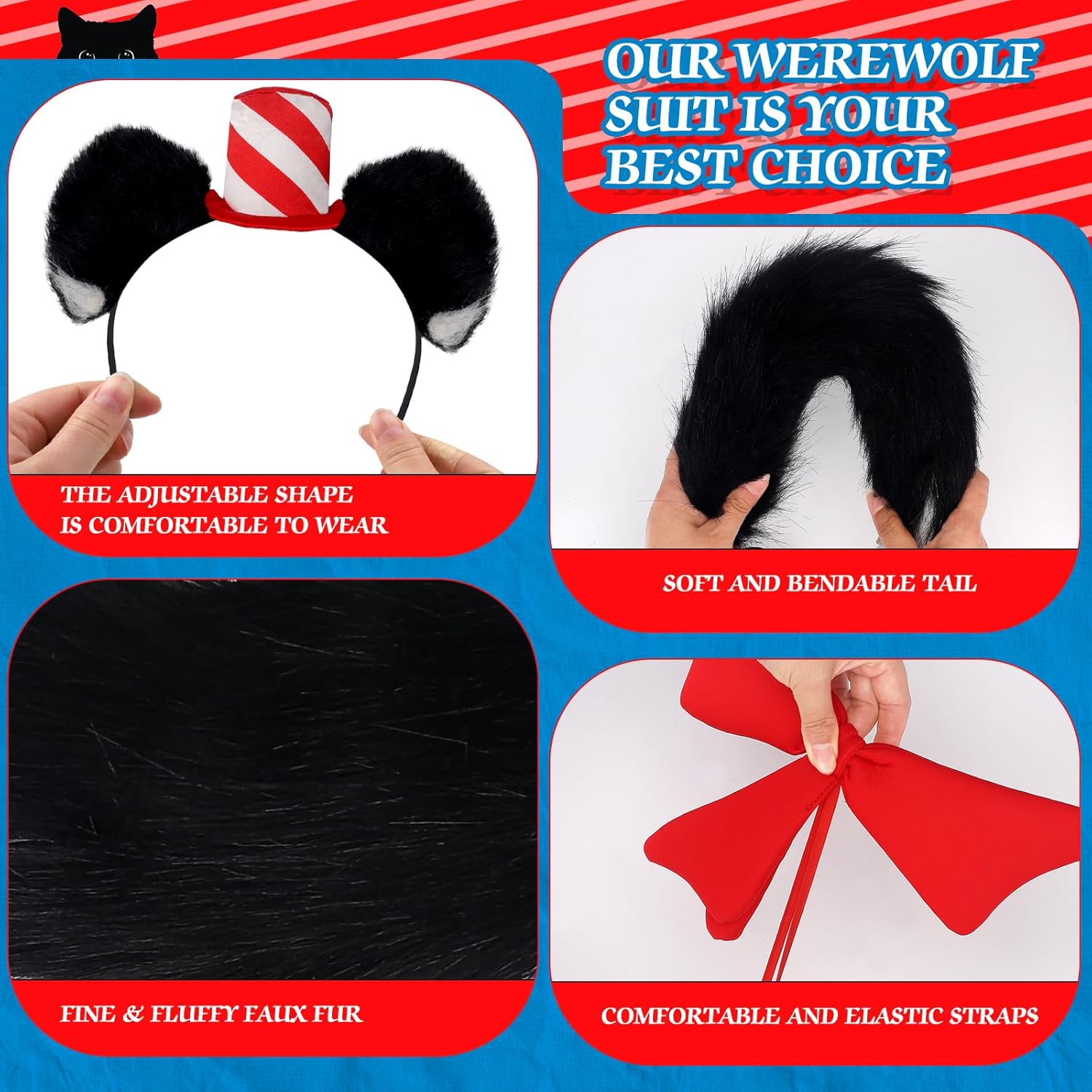 5PCS Halloween Cat Costume, Fluffy Cat Headband Tail Bowtie Gloves for 100th Day of School or World Book Week Kitty Cosplay - Image 5