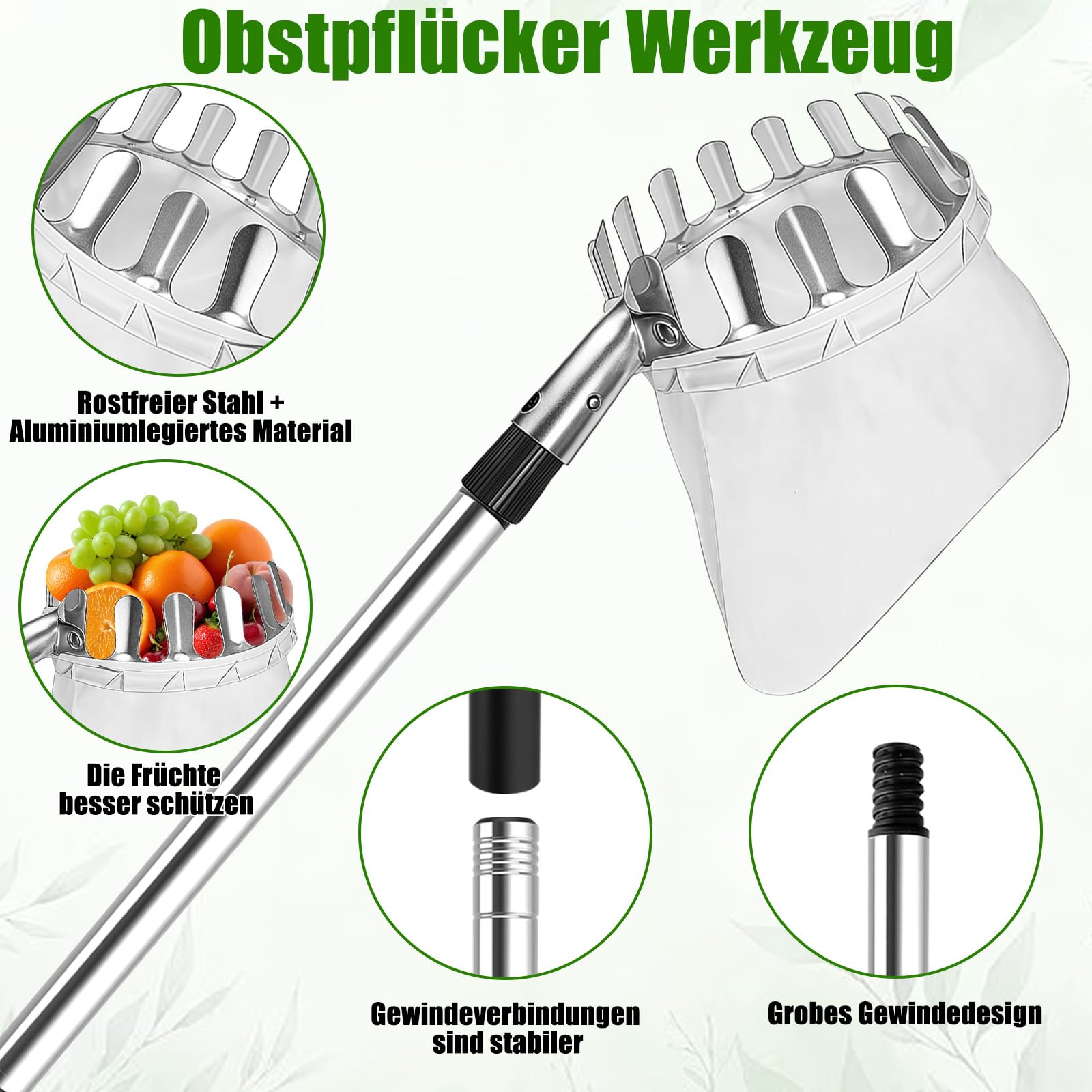 4,2M Obstpflücker mit Teleskopstiel, Apfelpflücker, Kirschenpflücker mit Leichter Edelstahl Teleskoppfahl und Baumwollbeutel, Obstgreifer Einfach zu Montieren, Kirschpflücker, Pflaumenpflücker