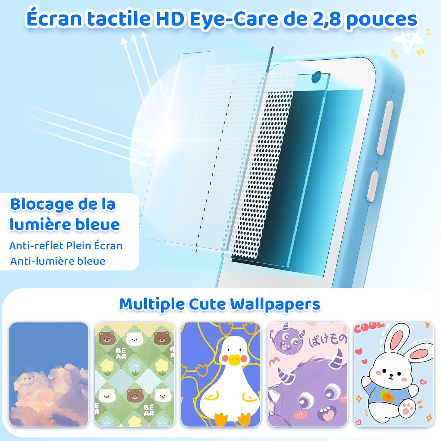 2.8-inch HD Eye-Care touch screen with blue light blocking technology