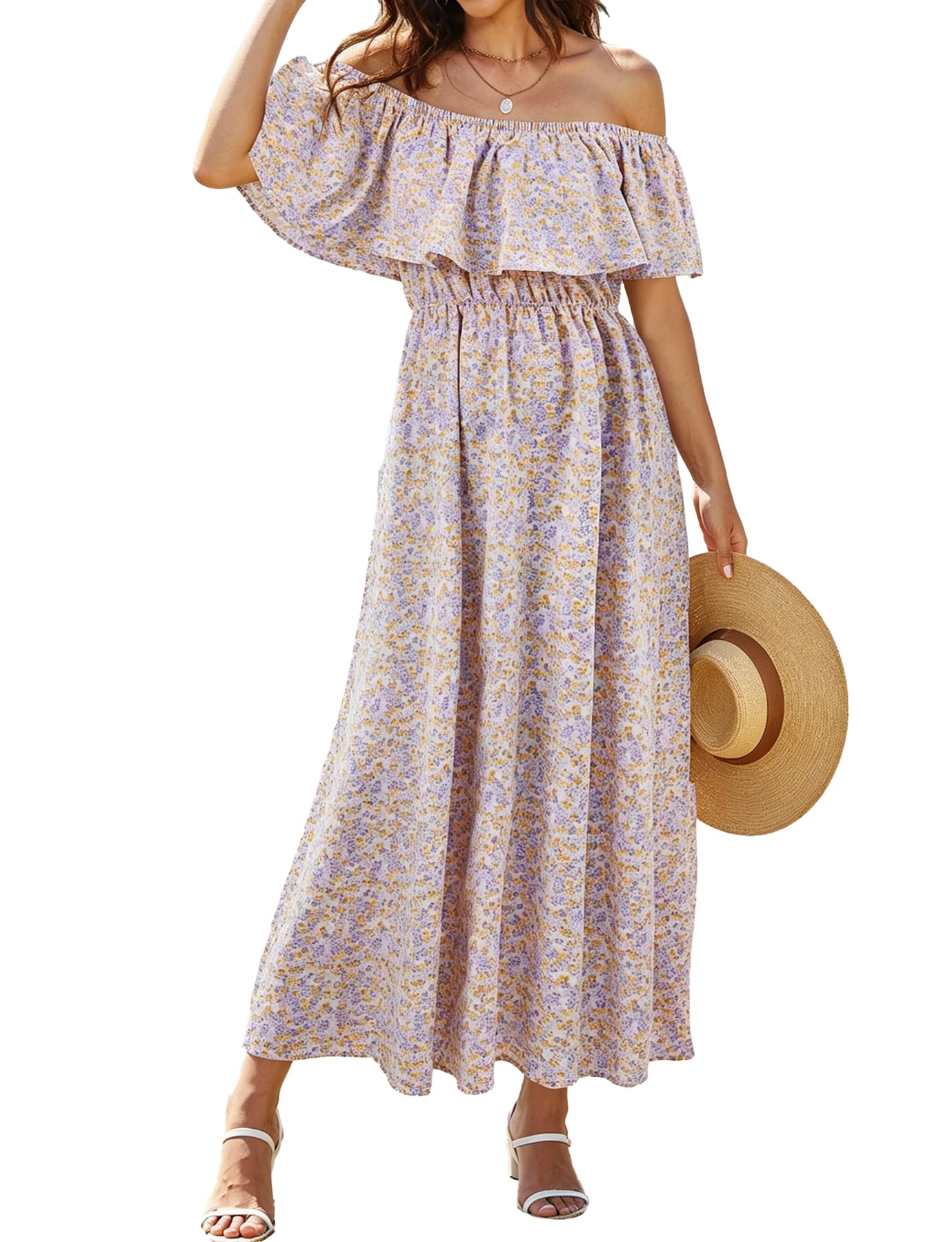 Bluetime Womens Maxi Dress Off Shoulder Floral Print Boho Beach Long Summer Dresses