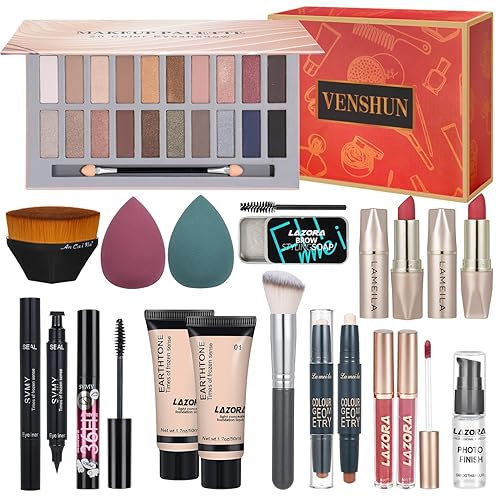 Kit completo de maquillaje todo en uno para mujer, incluye base de paleta y base facial, brocha de maquillaje, esponja de maquillaje, jabón para