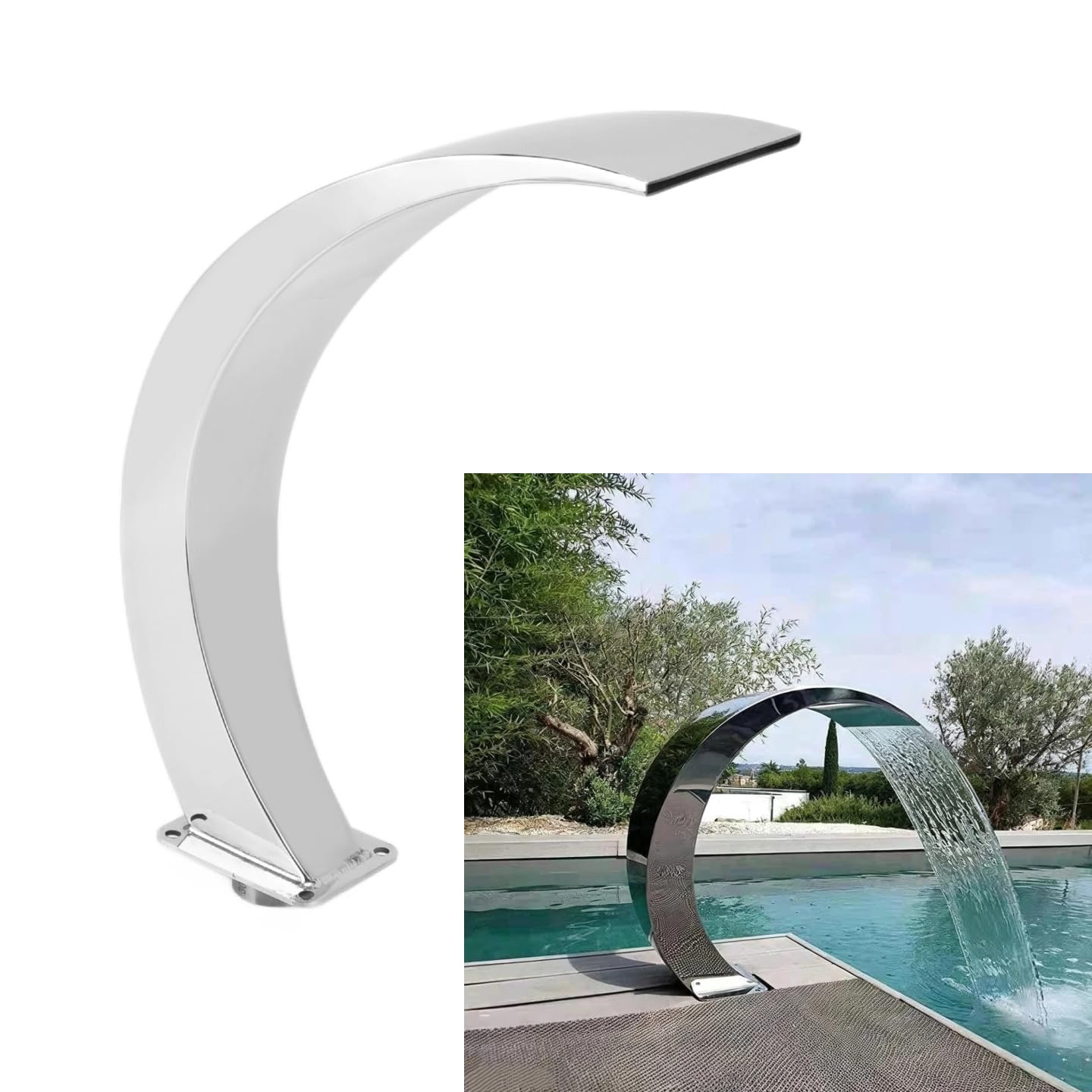 flexman Fontana a Cascata per Piscina, Altezza 14,3 Pollici, Fontana per Piscina Esterna Curva in Acciaio Inossidabile con Filettatura Interna G1 per Piscine, Piscina da Giardino