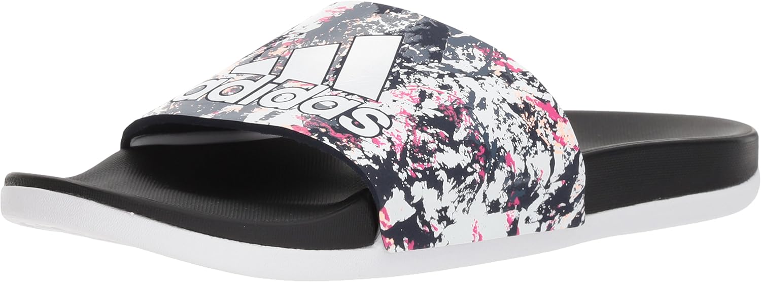 adidas Women's Adilette Comfort Slides Sandal, White/White/Core Black, 7