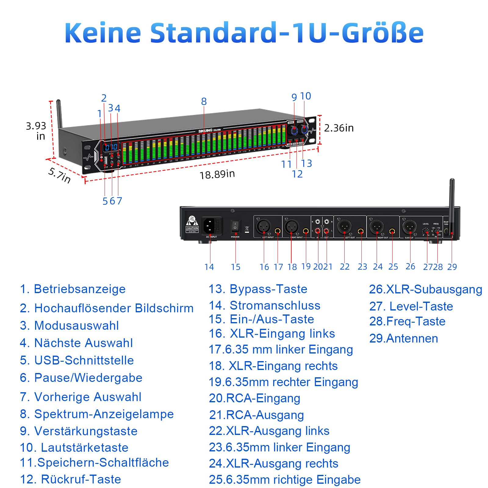 31-Band Digital Equalizer,LED-Musikspektrumanzeige,Stereo Dual-Channel mit 10 voreingestellten Modi,Bluetooth & USB,Noise-Canceling Funktion,Ideal für Zuhause,Partys und Bühnenauftritte EQ556