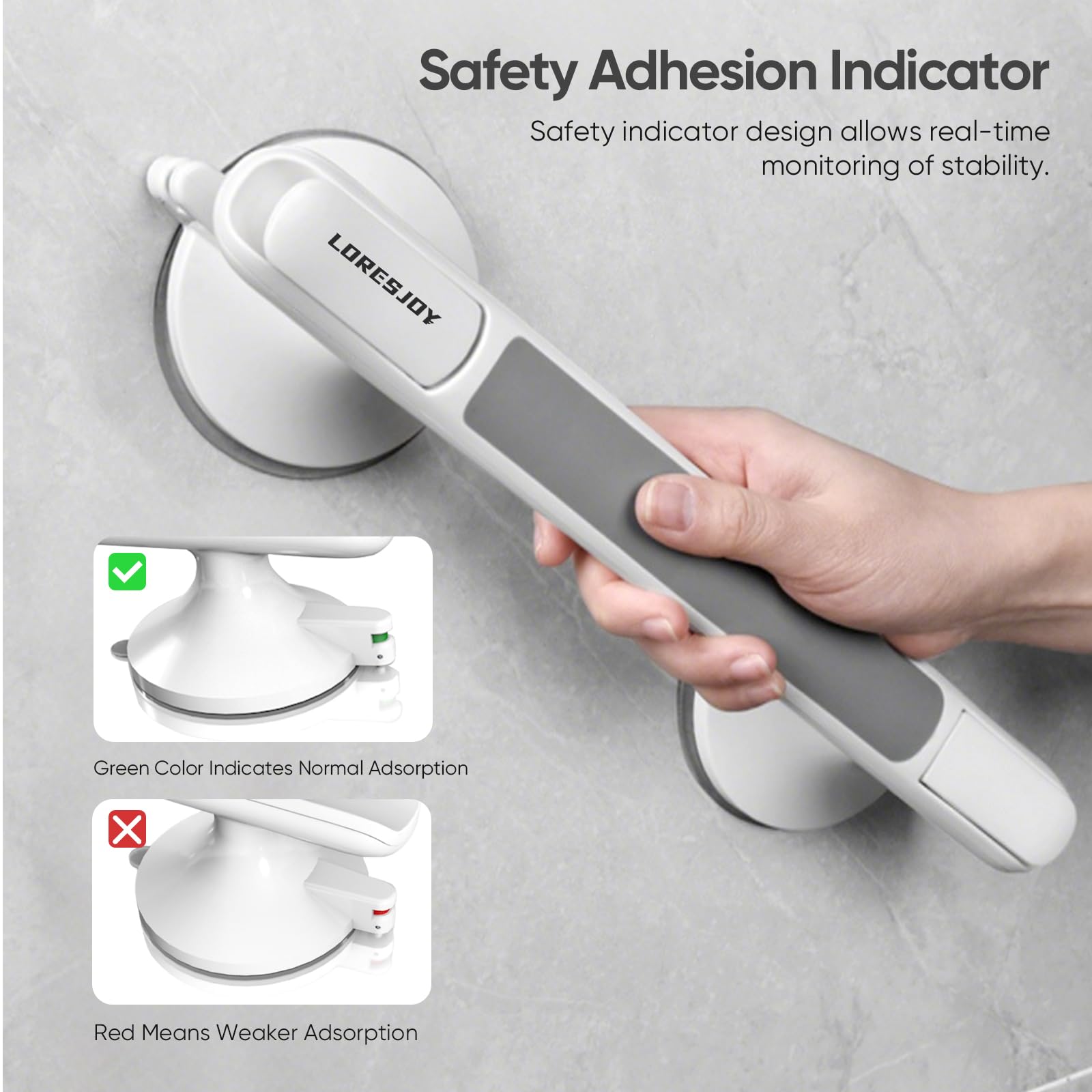 Agarraderas de Baño con Ventosa y Indicator, MAX 120 KG, 1PCS | Asa de Seguridad para Baño, Manija de Ducha Antideslizante, Soporte de Apoyo sin Perforación, Mayores Barra de Agarre