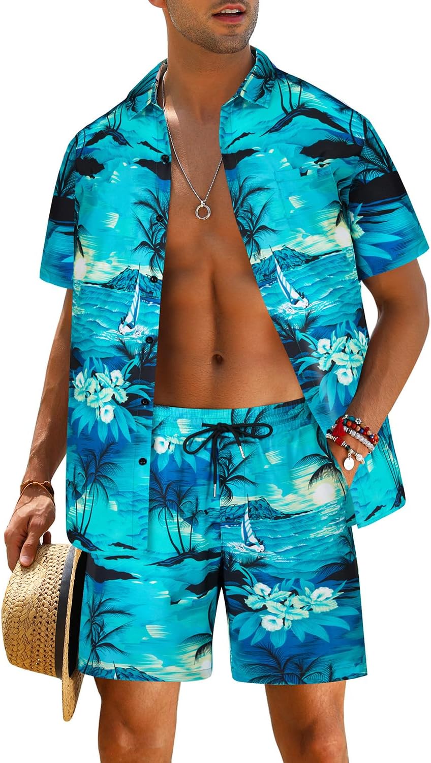 EISHOPEER Men’s Flower Shirt Hawaiian Sets Casual Button Down Short Sleeve Shirt and Solid Quick Dry Beach Shorts S-3XL
