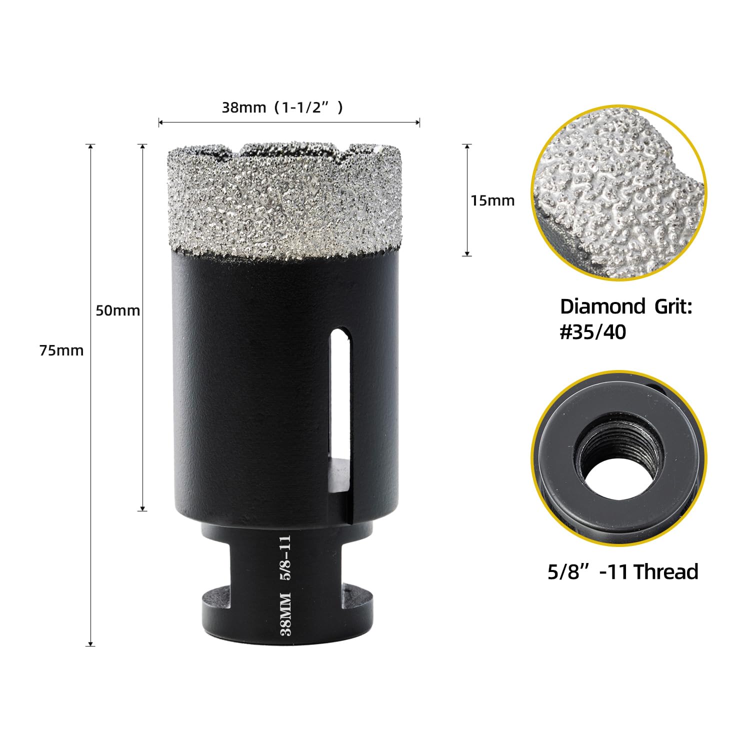 Dry/Wet Diamond Core Drill Bits 1-1/2in (38mm) Hole Saw for Tile Hole Saws for Porcelain, Ceramic,Granite, with 5/8-11 Thread Tile Hole Saw Kit Drilling,Concrete Diamond Hole Saw