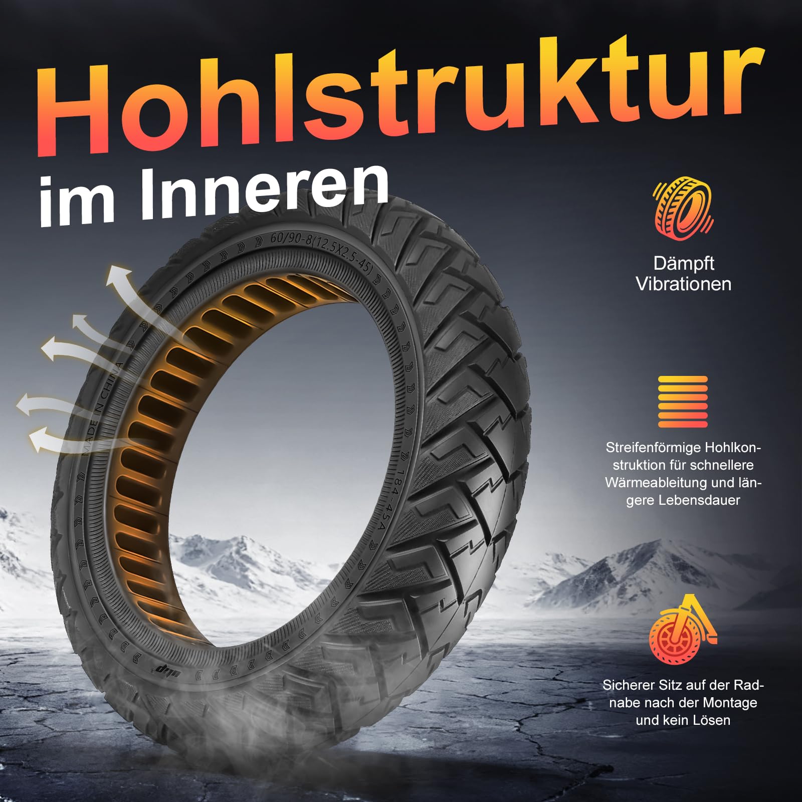 60/90-8 Vollreifen für Xiaomi 5 Plus, für Xiaomi 6 Elektroroller, 12-Zoll Ersatzreifen mit 45-mm-Schlitz, 12,5 x 2,5 Vollgummireifen Anti-Rutsch, Pannensicher (Schwarz 1 Stück)