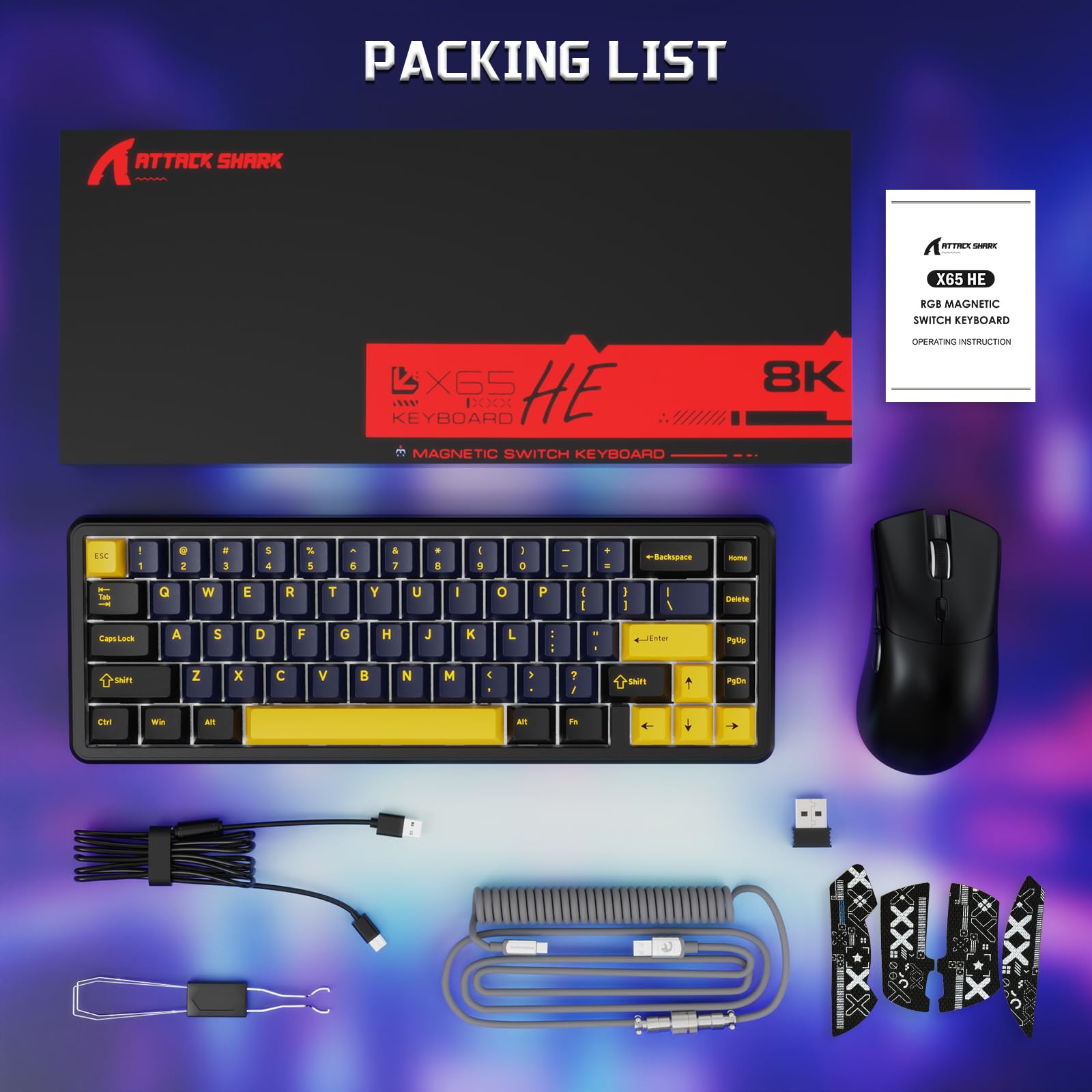 MAMBASNAKE x ATTACK SHARK Przewodowa Klawiatura i Mysz Do Gier, 59g Superlight PAW3311 Wireless Mice, Klawiatura Magnetyczna Mini 65% Rapid Trigger z Kablem Spiralnym 8Khz, QWERTY do PC -StarBlack