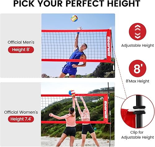 Miniatura 3 de Bearwill Red de voleibol, red de voleibol portátil de 12 pies para patio trasero, juego de pelota de voleibol independiente, altura ajustable con