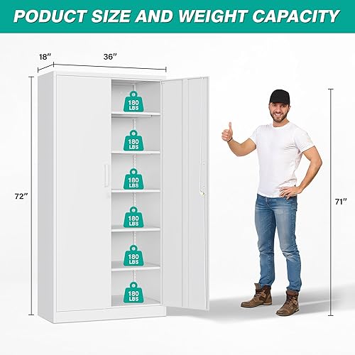 Miniatura 2 de Gabinete de almacenamiento de metal ancho y profundo con 2 puertas y 5 estantes ajustables, gabinete de metal con bloqueo blanco, armarios de