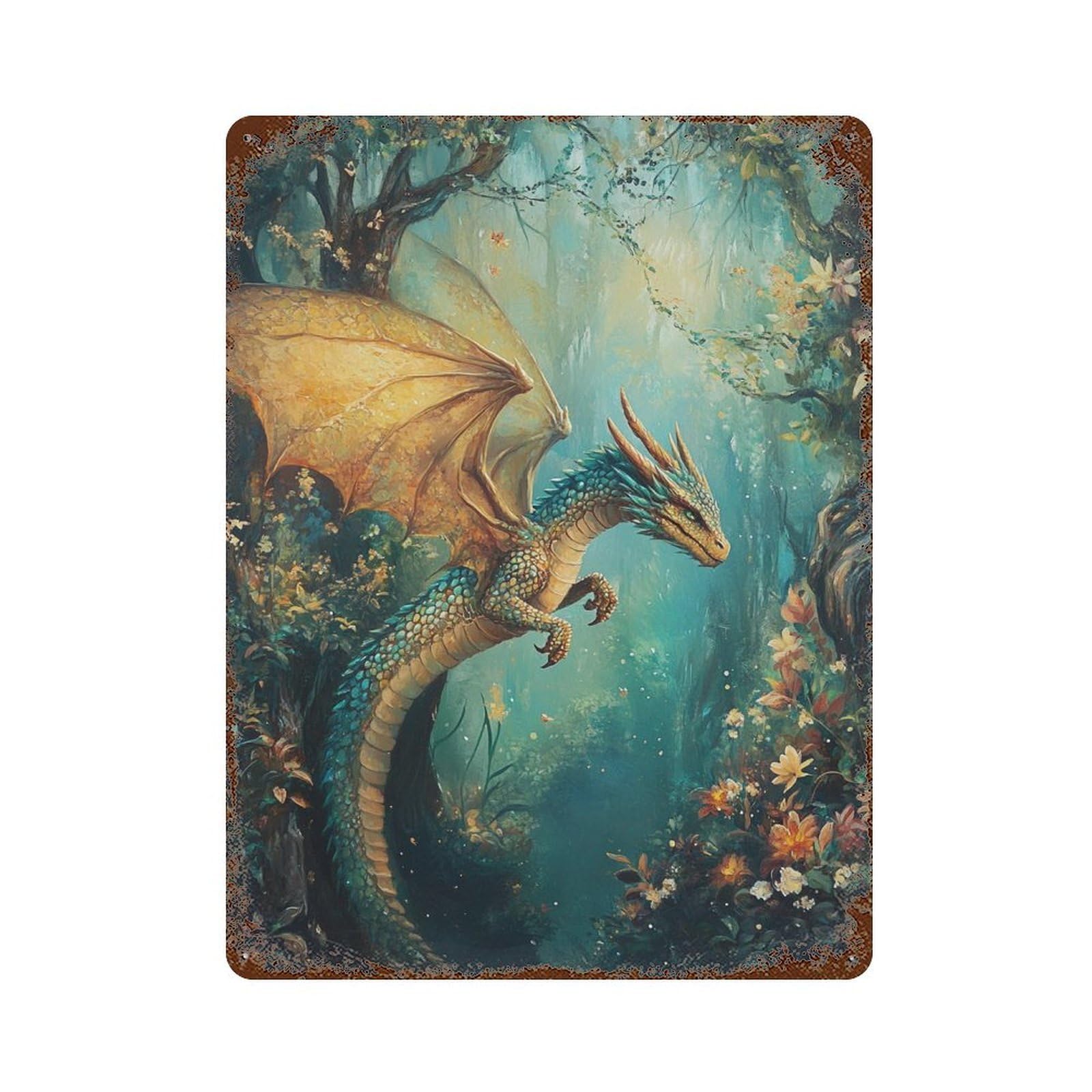 Fantasy Dragon Forest Scene-5 Rusty Metal Tin Sign 15.7"x11.8", for Pub, Kitchen And Man Cave Decor, Novelty Wall Decor
