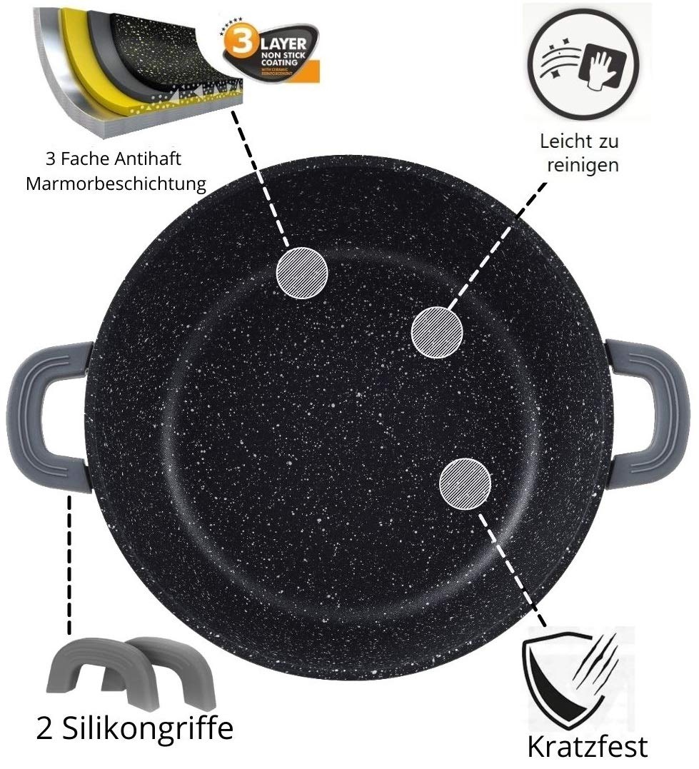 Cheffinger - Zestaw naczyń do kuchni i stołu - 6 szt. Garnki z pokrywkami, 20cm, 24cm, 28cm, marmurowa powłoka 3-warstwowa