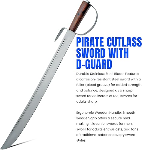 Miniatura 3 de SZCO Supplies - Espada pirata Cutlass de 31 pulgadas con D-Guard, espada de sable pirata con hoja de acero inoxidable, espiga completa, mango de
