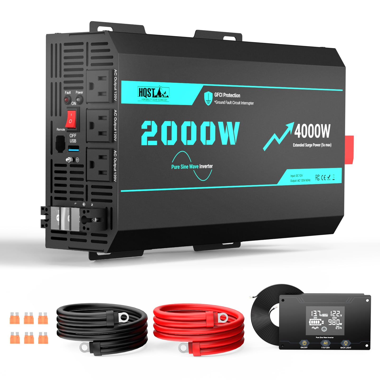 HQST 2000W Pure Sine Wave Inverter, Surge 4000W (5s max), 12V DC to 110V AC Converter, 3X AC Sockets, GFCI Protection, Remote LCD, THD<3.2%, Solar Power Inverters for RV, Truck, Home, Off Grid