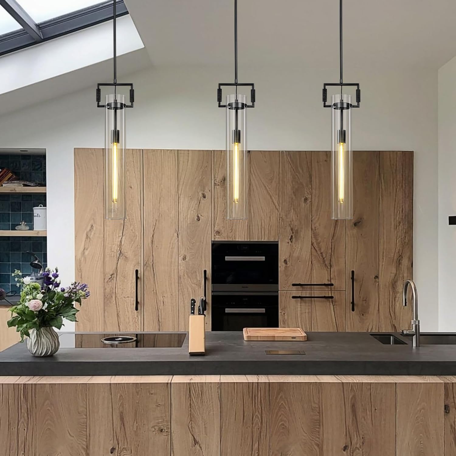 21.6'' Black Pendant Lights Set of 2, Modern Pendant Lights Kitchen Island, Large Kitchen Pendant Lighting Over Island,Long Adjustable Height Glass Pendant Light Fixtures, Included E12 Bulbs