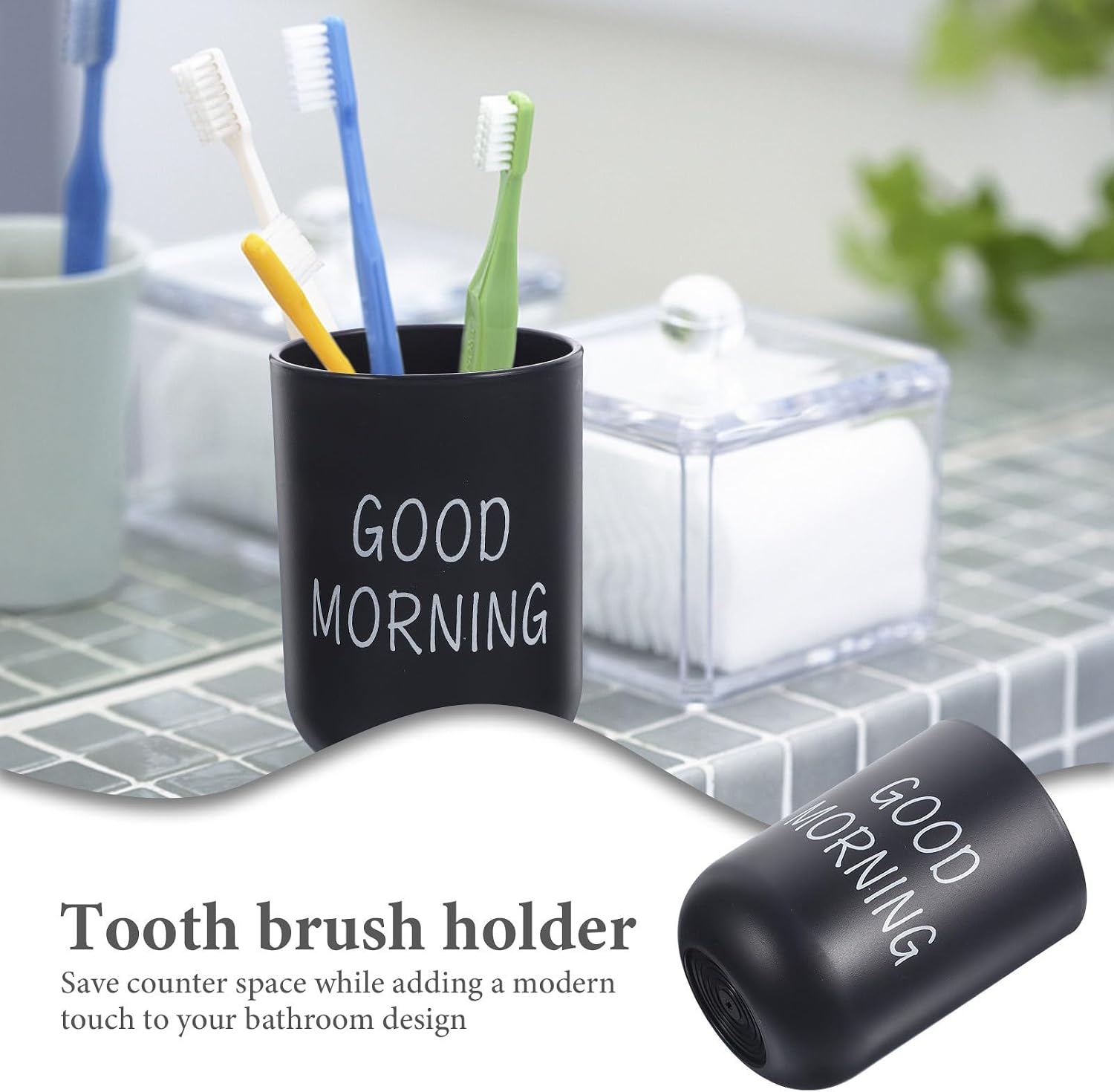 Ciieeo 2Pcs Black Matte Plastic Bathroom Toothpaste Cups Toothbrush Tumblers for Home Mouthwash and Drinking, Travel-Friendly Bathroom Mug Set
