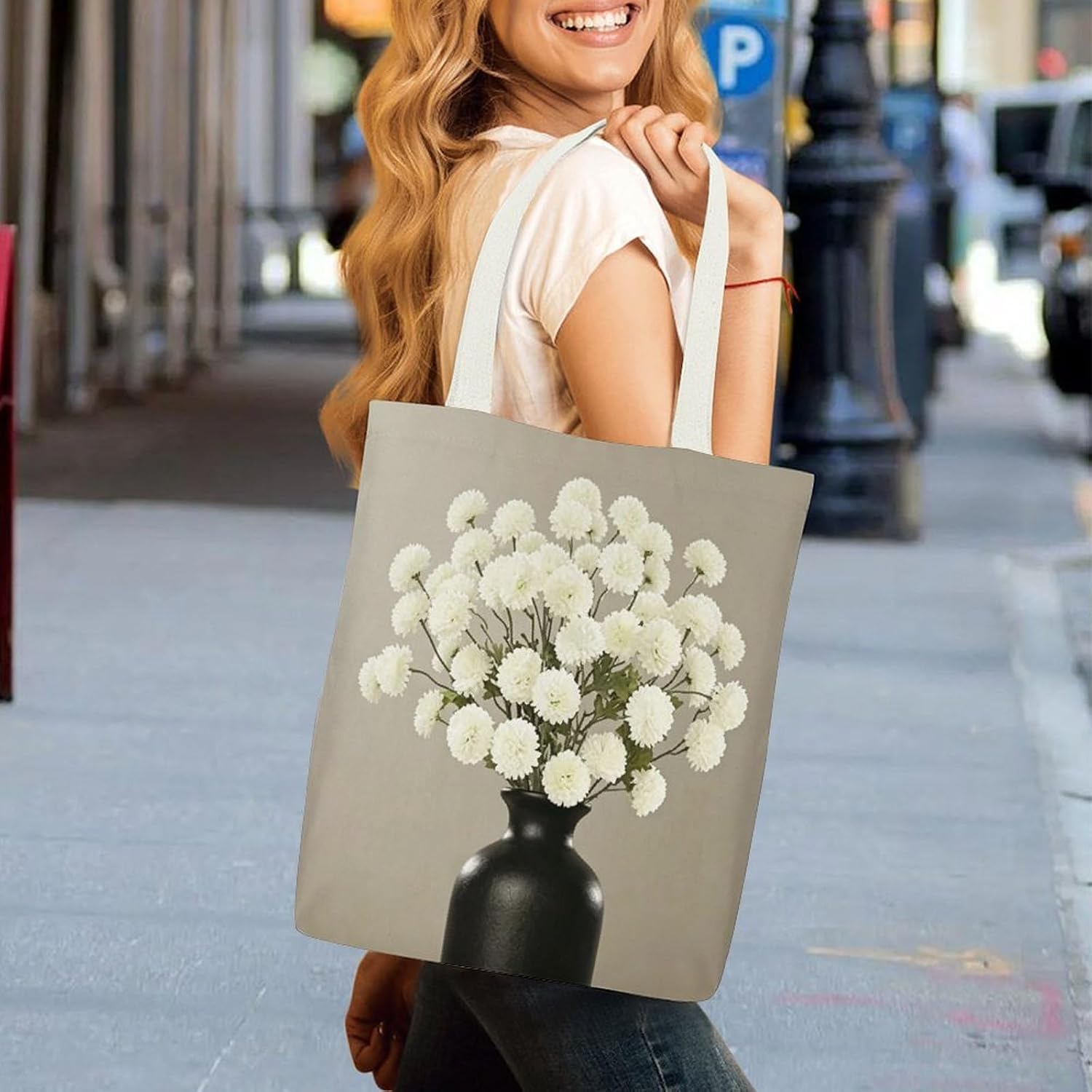 White Chrysanthemums Canvas Tote Bag Shoulder Bag Handbag image 3