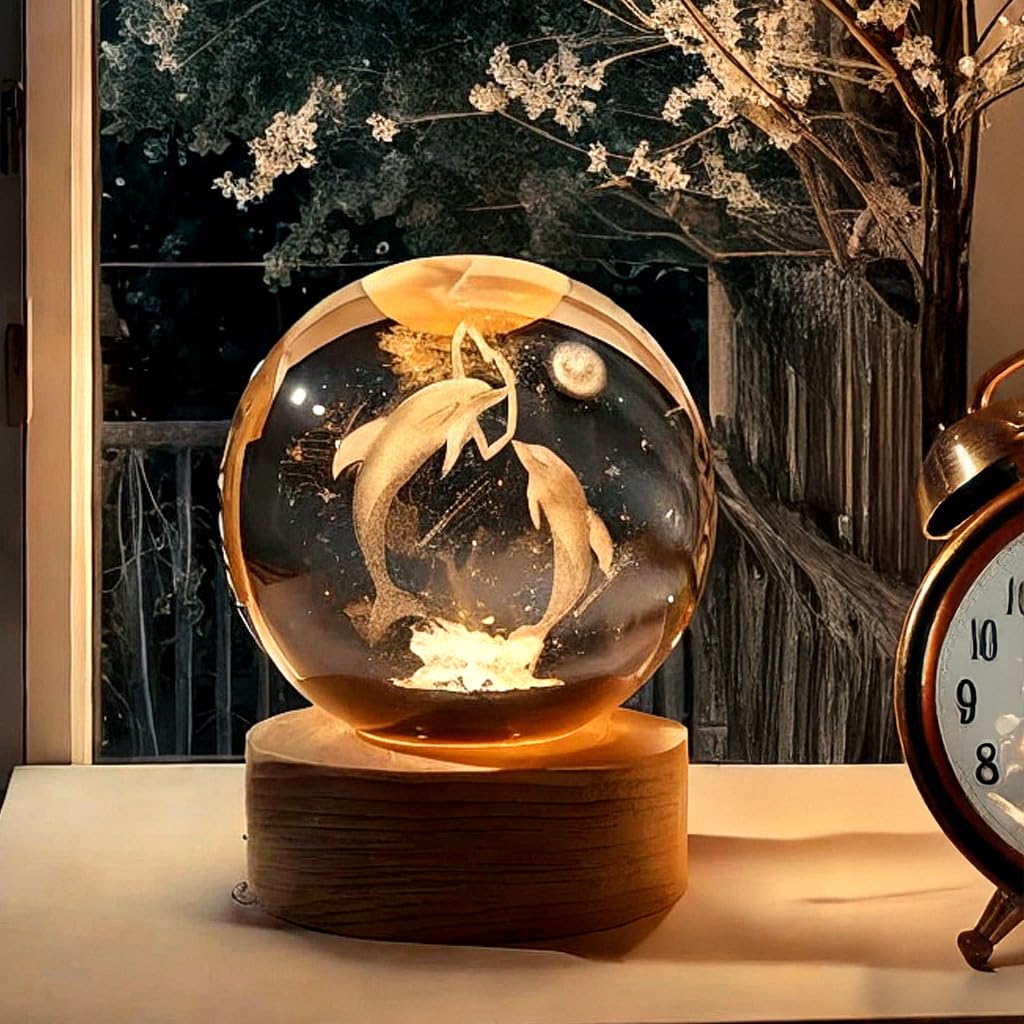 BTfash 3D Dolphin Crystal Ball Night Lamp | Table LED Light with Wooden Stand for for Home Decor, Birthday Gift for Teens Boys and Girls | (Heart Dolphin)-image-9