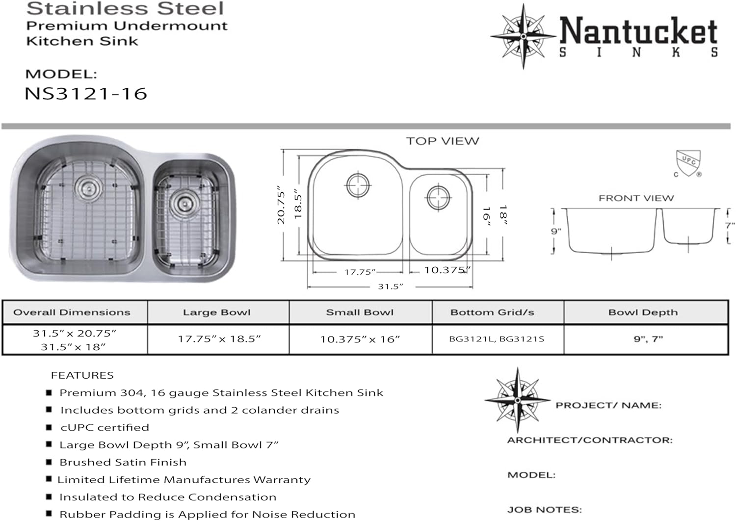 Nantucket Sinks NS3121-16 31-Inch 70/30 Double Bowl Undermount Kitchen Sink, Stainless Steel