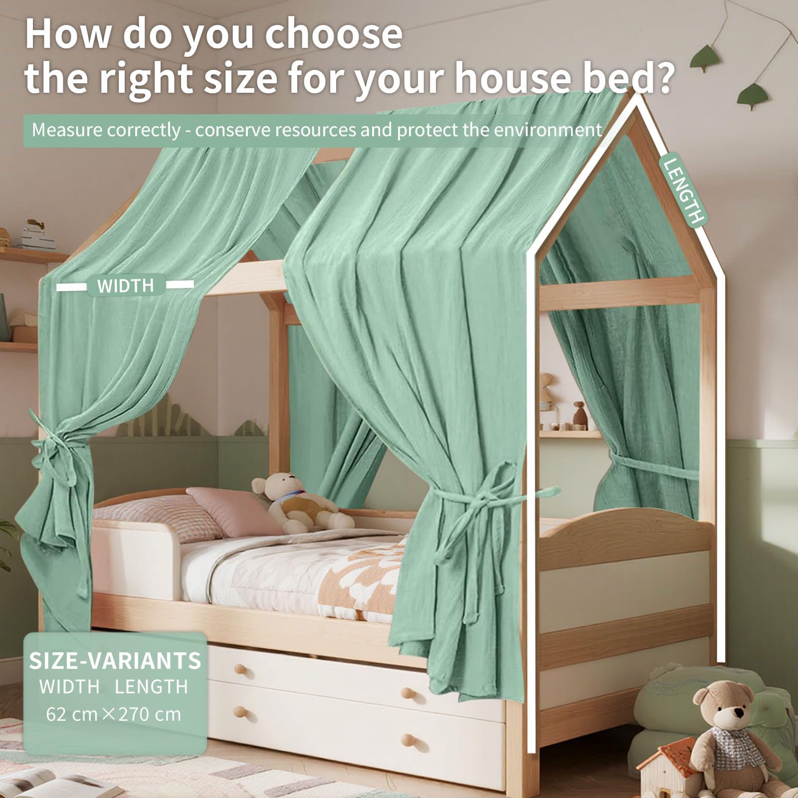HOTUT Tenda Letto Bambini, Set di 2 baldacchini in tessuto, Tenda da letto per la casa, Tenda da letto di alta qualità per la camera dei bambini （270 x62 cm）-Verde