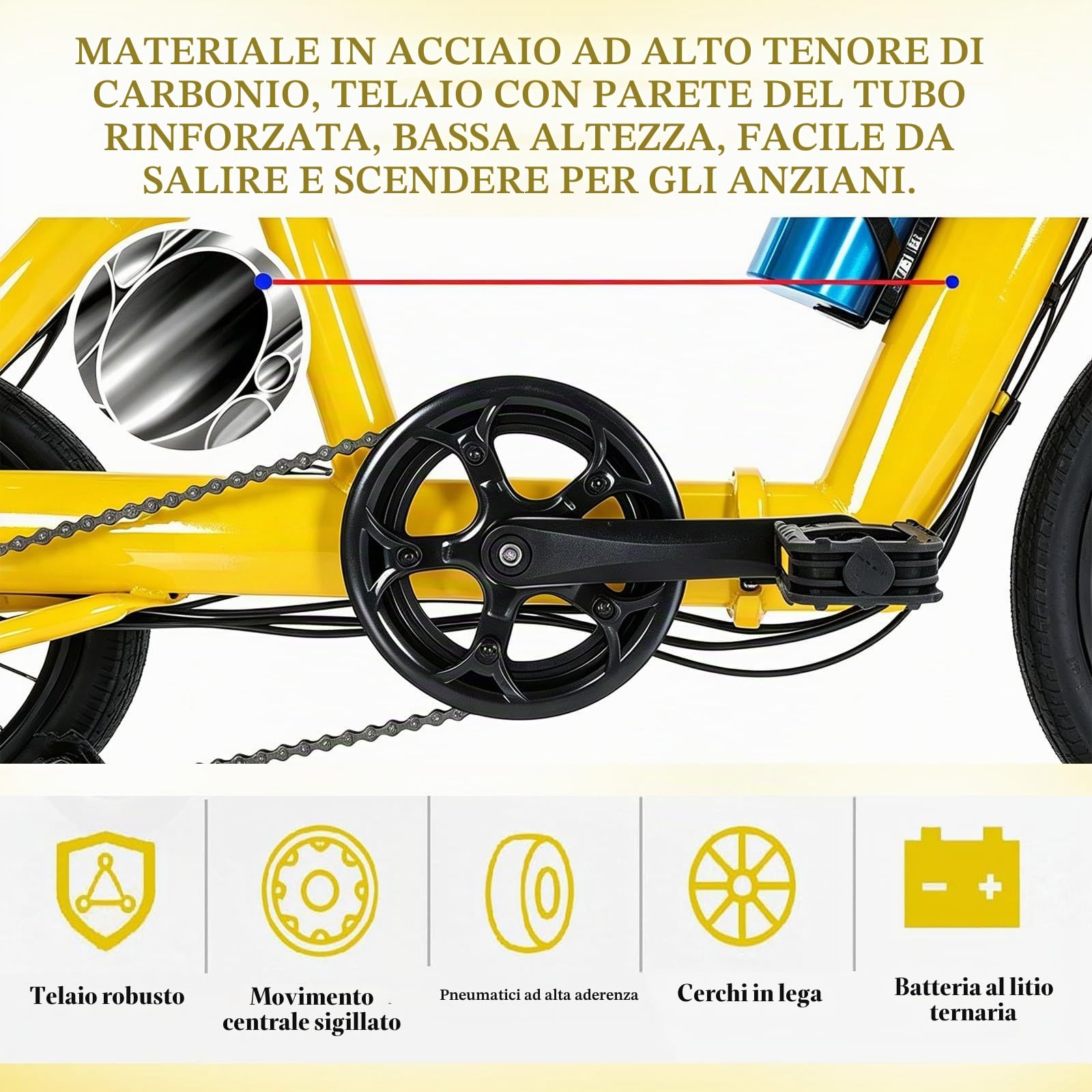 Bici Elettriche,Triciclo Elettrico,Triciclo Pieghevole,E-Bike A 2 Posti,Batteria Rimovibile,Bicicletta Elettrica A 3 Ruote con Telaio Ribassato,Triciclo per Adulti E Genitori Yellow