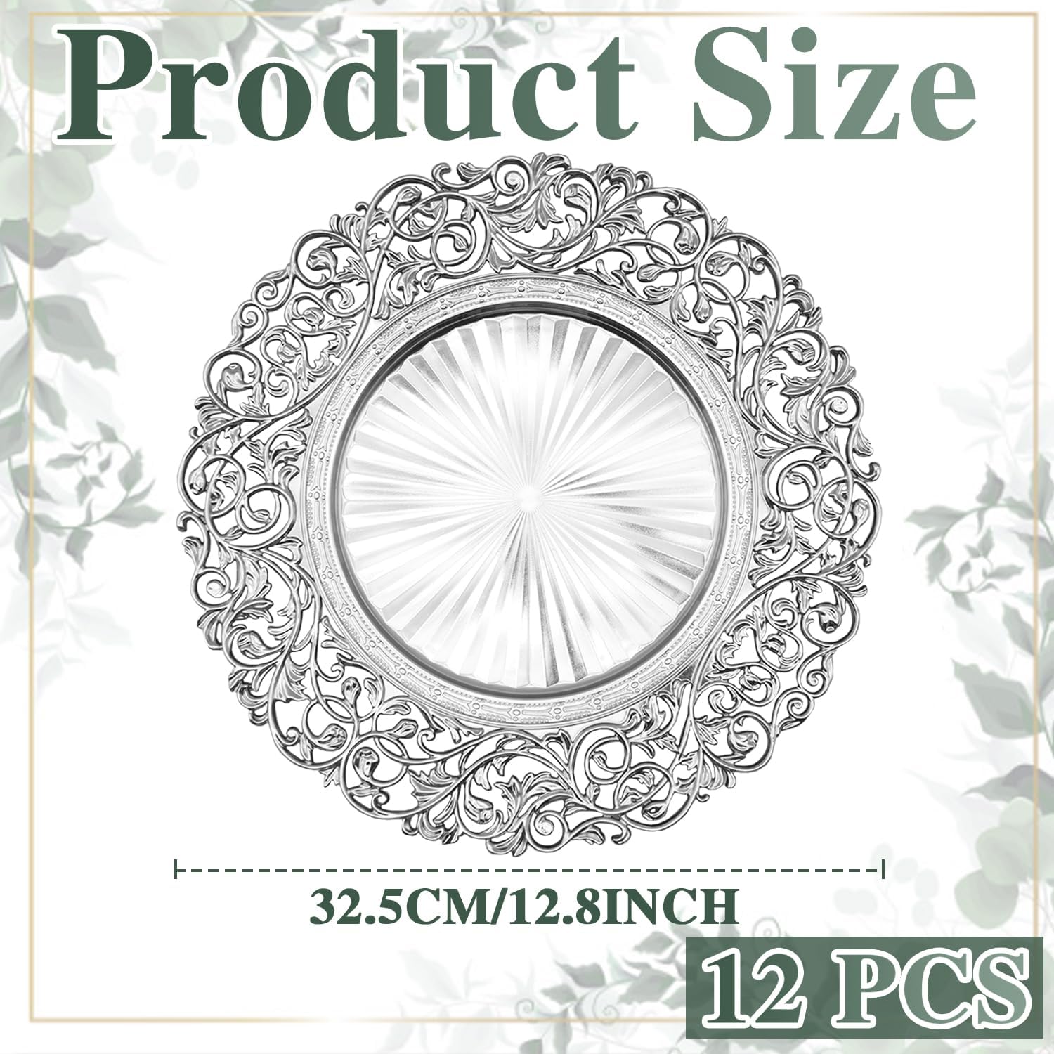 13 Inch Silver Plastic Charger Plates Set – 12 Pack, Elegant Round Disc Chargers for Table Setting, Decorative Placemats for Regular Dinner Plates, Holidays, Events, and Entertaining (Design B)