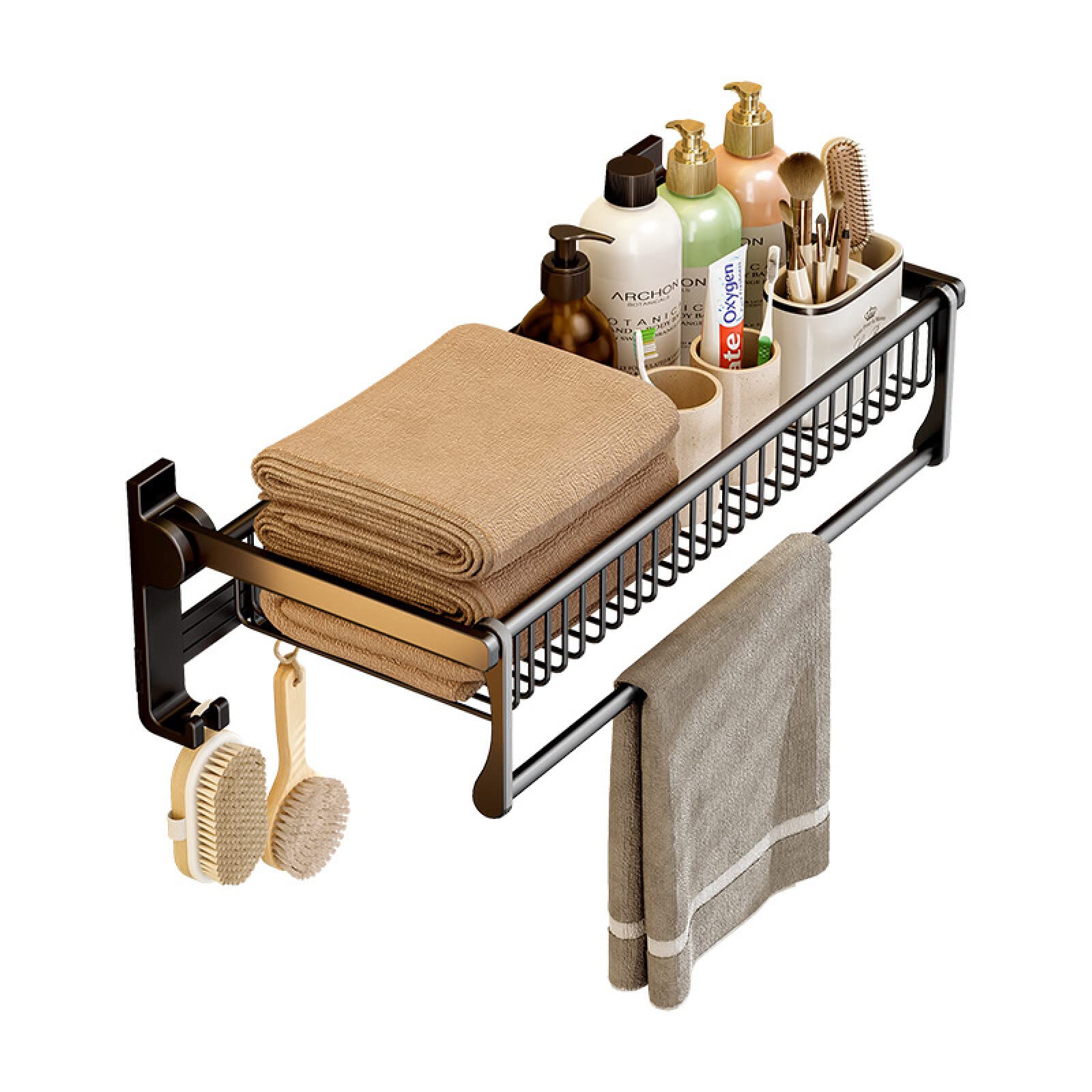 FGXHHS Black Towel Rack Punch-Free Bathroom Space Aluminum Storage Wall-Mounted Toilet Hanger Mesh Basket Bath 50Cm