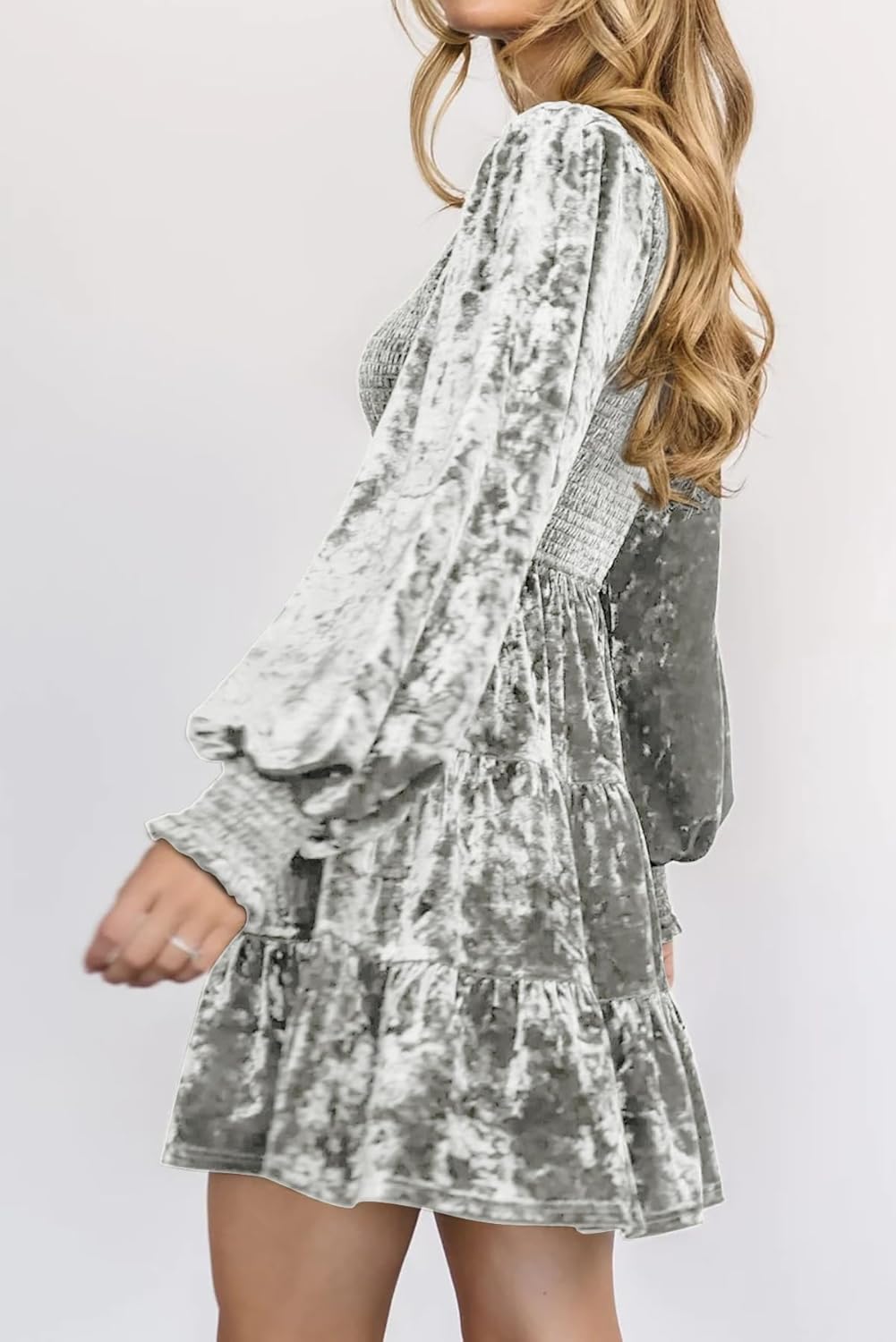 R.Vivimos Women's Fall Winter Crushed Velvet Dress Long Sleeve Crew Neck Elastic Smocked A-Line Tiered Ruffle Mini Dress - Image 4