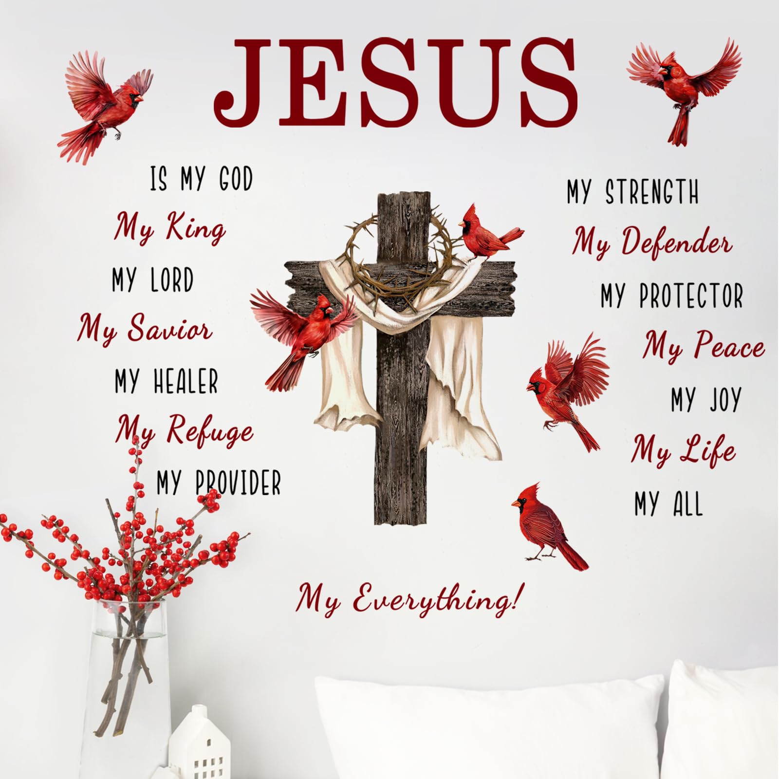 Yovkky Christian Cross Cardinal Memorial Wall Decals Stickers, Religious Red Birds Jesus is My God Home Bedroom Decor, Bible Verse Quotes Living Room