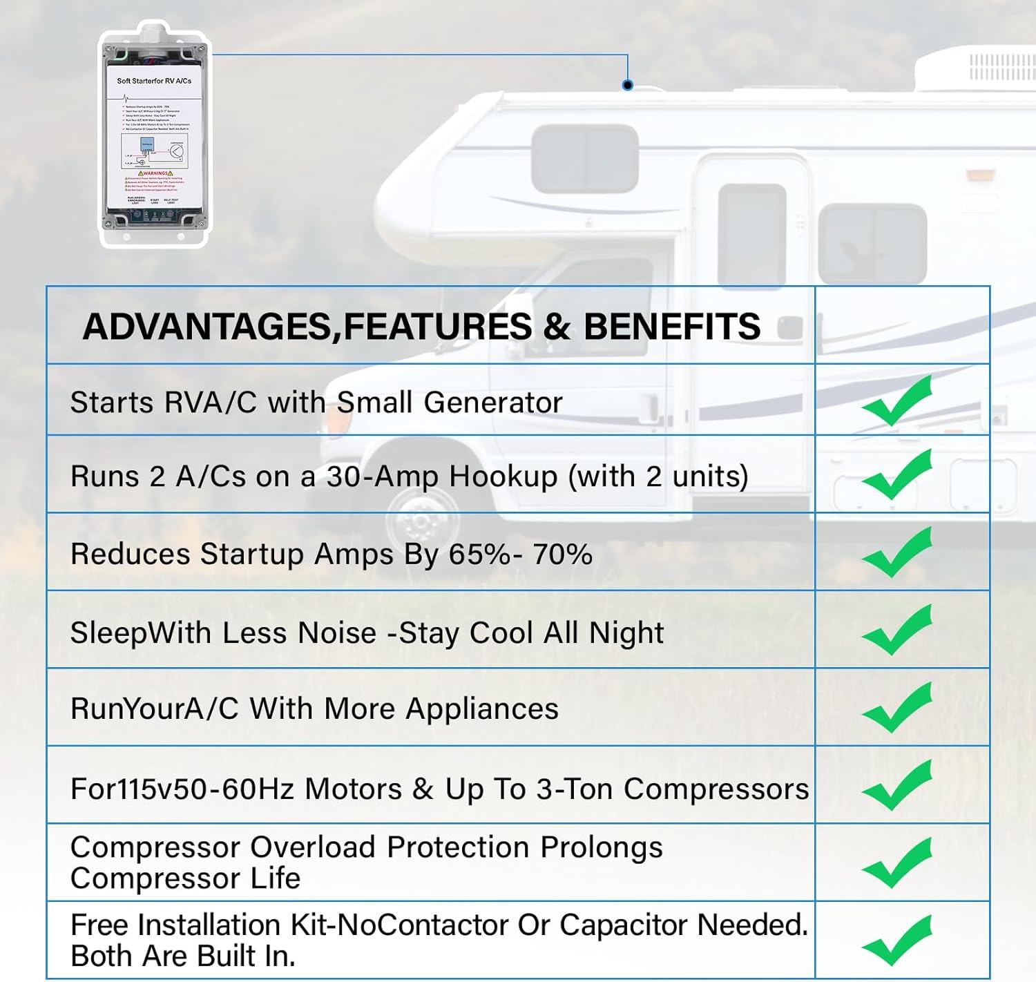 Soft Start for RV Air Conditioner, Ac Soft Start Kit, YUEWO Soft Starter for RV Enables Easy Start An A/C & Appliances on RV Power with A Small Generator