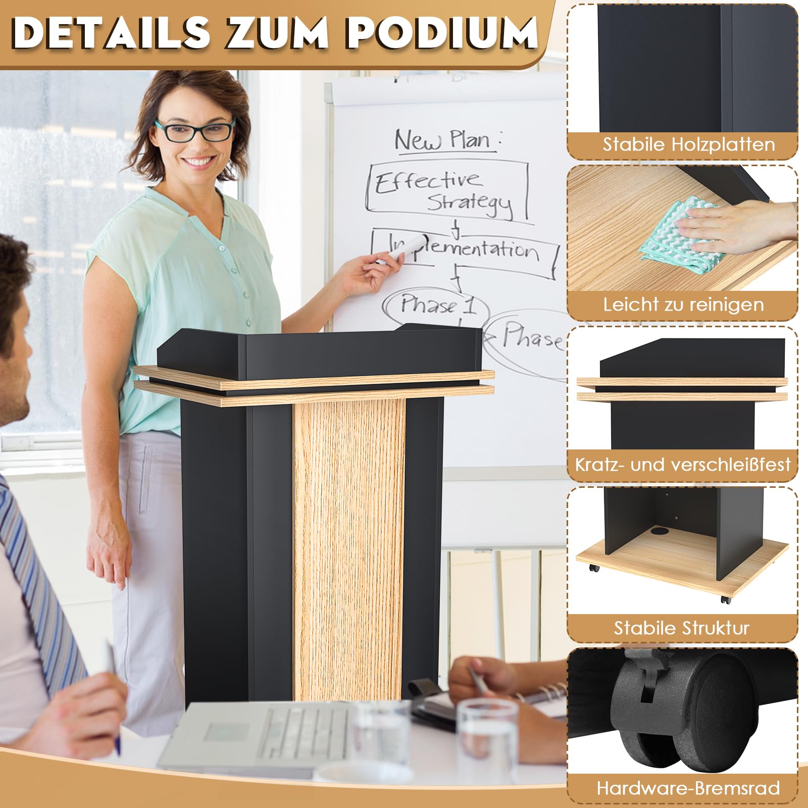 Púlpito de madera con cajón extensible y ruedas, atril de madera maciza de alta calidad con compartimento de almacenamiento de doble capa, atril para iglesia, discurso, escuela, seminario (110 x 46 x