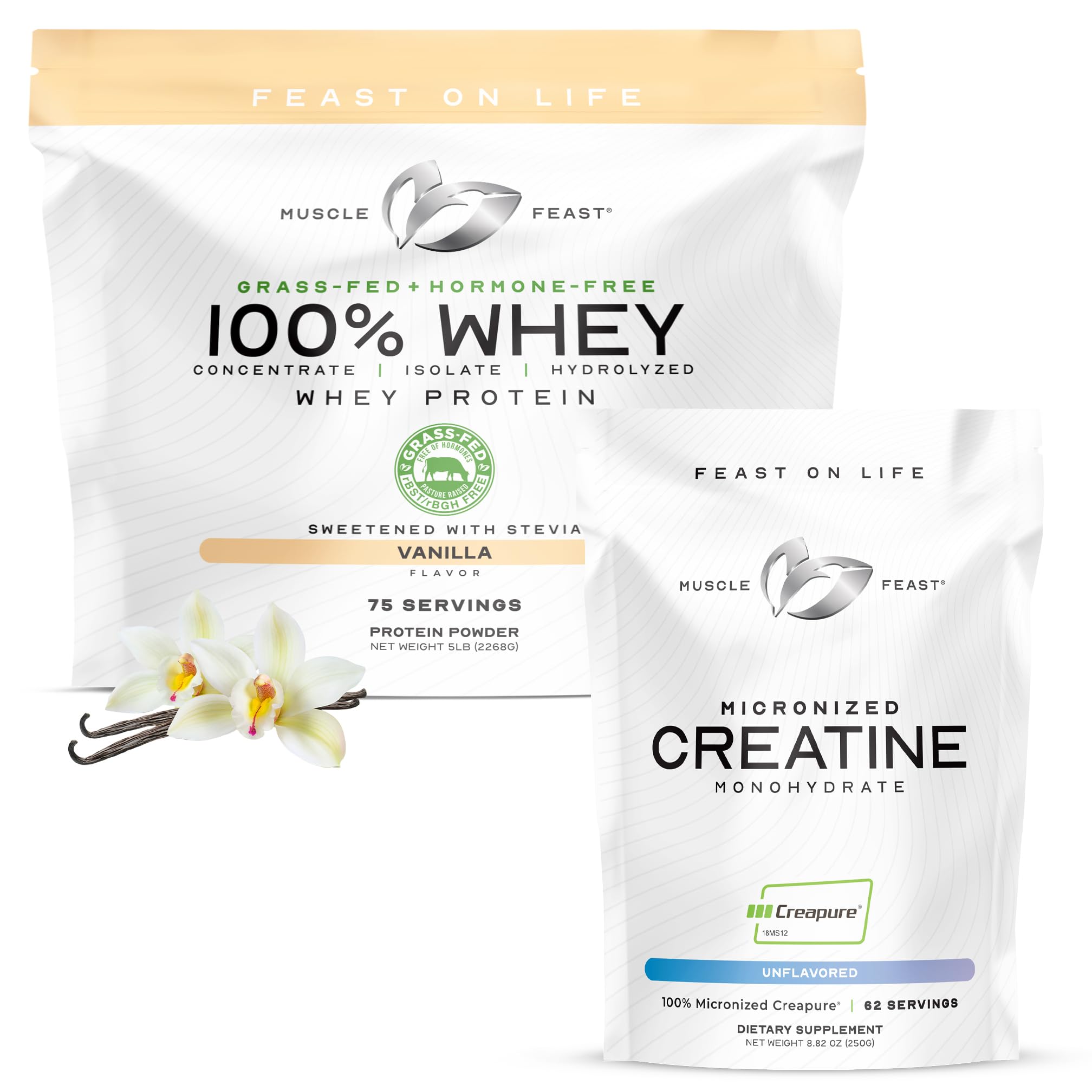 Muscle Feast Micronized Creapure Creatine Monohydrate - Unflavored 250g (x1) and 100% Whey Concentrate, Isolate, & Hydrozlyed Blend - Vanilla 5lb (x1) - Muscle