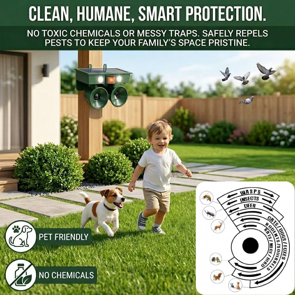 2026 Solar Ultrasonic Bird Repellent Devices Outdoor Woodpecker Deterrent for House Pigeon Goose Repellent with Motion-Sensor&Flash Light,IP65 Waterproof Bird Scare Devices for Balcony Porch Patio