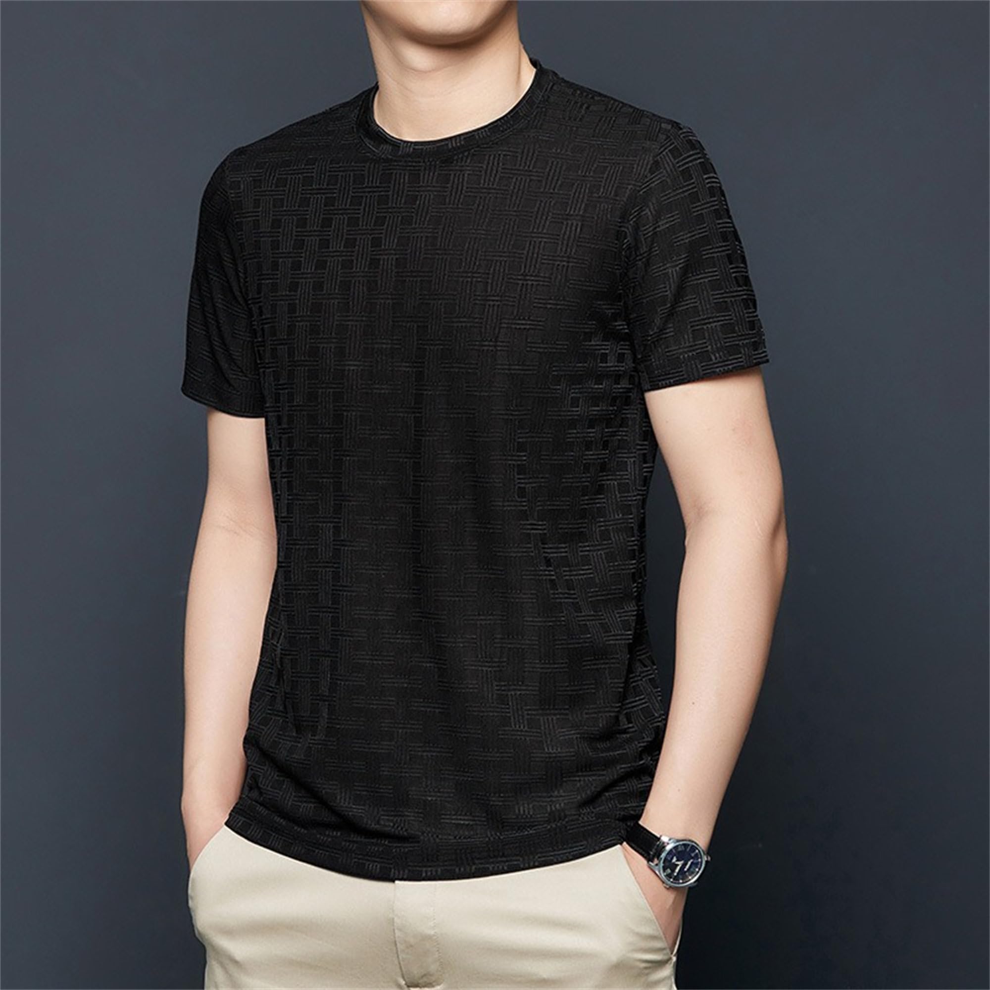 Men's Short Sleeved Casual T-Shirt Round Neck Fashion Breathable Tops Summer Checked Print Jacquard Shirt (Black,3X-Large)