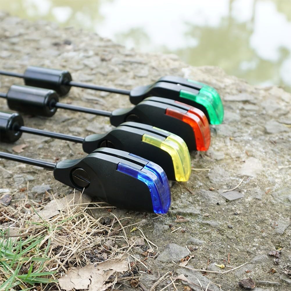 Lot de 4 détecteurs de touche pour pêche à la carpe avec indicateurs lumineux LED, siège de base amovible, dessus de boule magnétique, 2,5 mm, rouge, bleu, jaune, vert pour la nuit