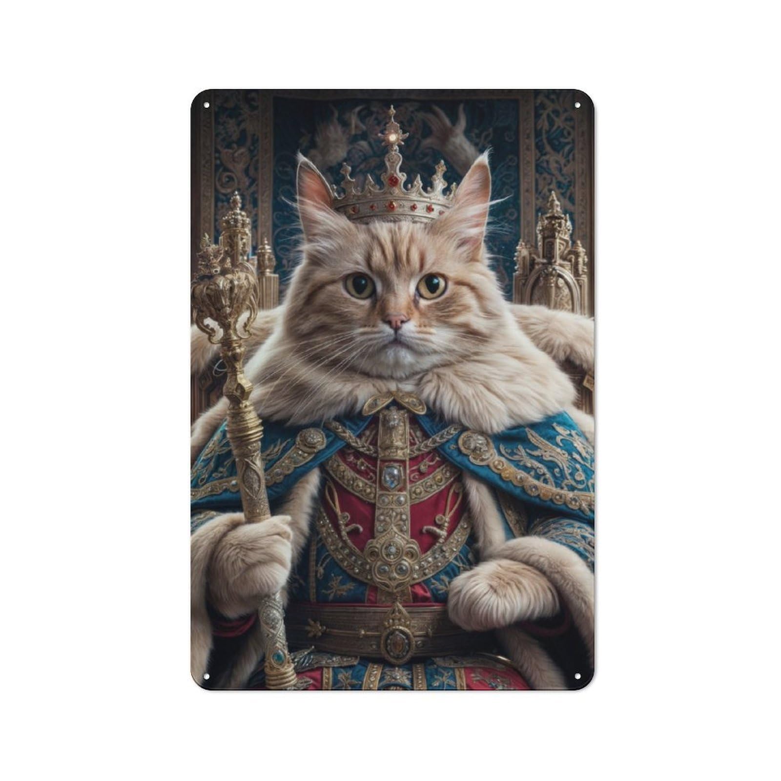 Cat King in Royal Attire Rustic Metal Plaque 30x20cm for Lounge Or Reading Corner, for Garage, Workshop And Man Cave Decoration