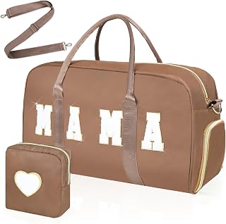 Mama Hospital Bag for Women Labor and Delivery Nylon Chenille Letter Embroidered Duffle Overnight Weekender Bag with Shoes Compartment Mothers Day Gifts (Brown, Mama)
