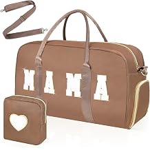 Mama Hospital Bag for Women Labor and Delivery Nylon Chenille Letter Embroidered Duffle Overnight Weekender Bag with Shoes Compartment Mothers Day Gifts Brown, Mama