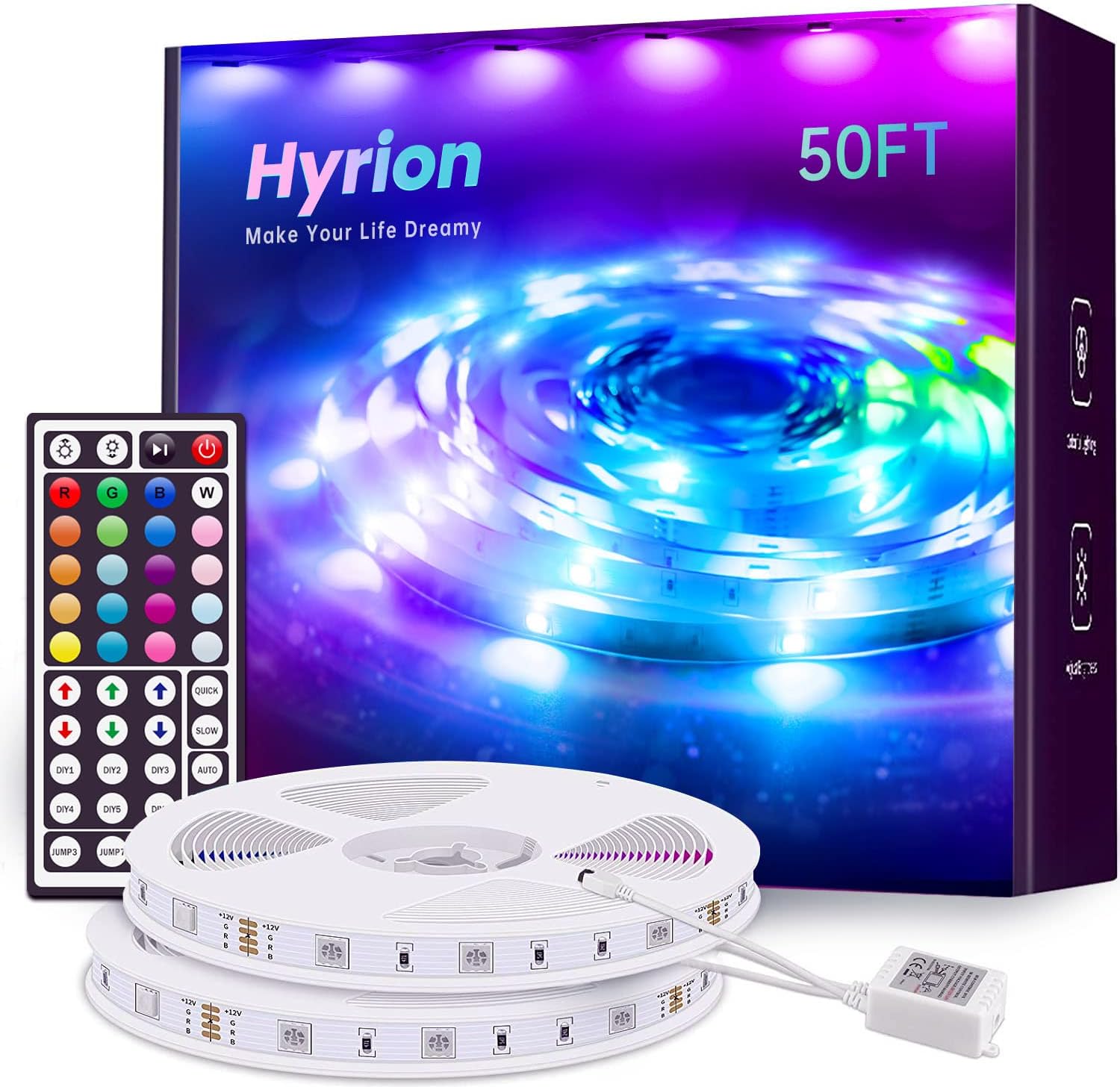 hyrion 50 ft LED Strip Lights SMD 5050 Led Lights Strip with 44 Keys Remote, 12 Volt Dimmable RGB Color Changing Tape Lighting for Bedroom,Living Room,Kitchen,Home Decor