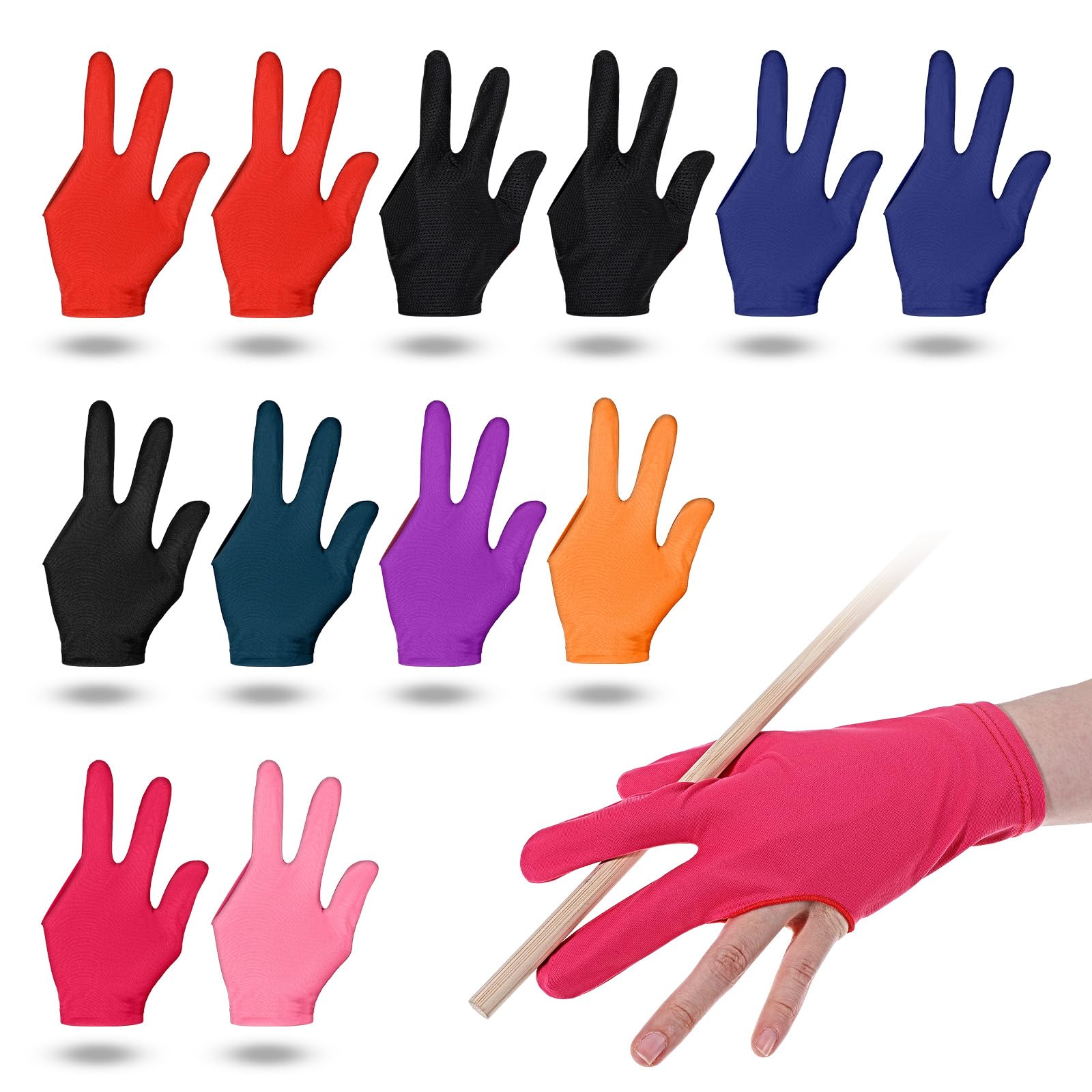 APLZGMG 12Pcs Three Fingers Billiard Gloves Pool Gloves, Elastic Cue Sports Pool Glove, Non-Slip Breathable Control Sport Show Glove for Women or Men, Left and Right Hand, Multiple Colors