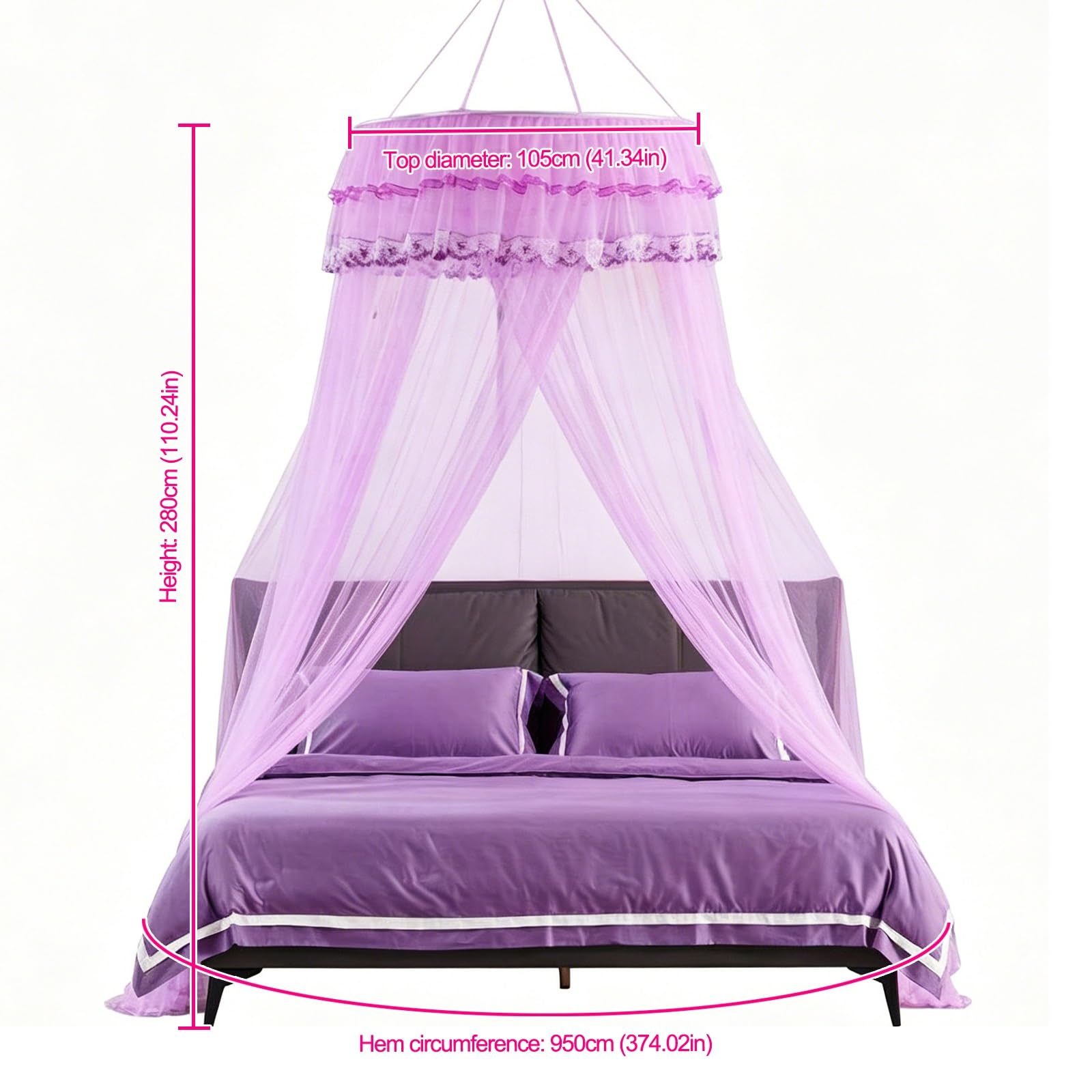 SARKEY Transparenter Netz Kuppel Bettvorhang,Prinzessinnen Betthimmel,Elegante Moskitonetz Bettvorhänge,Hängende Bettnetzabdeckung Für Schlafzimmer,Erwachsene,Hochzeit Dekoration(Purple)