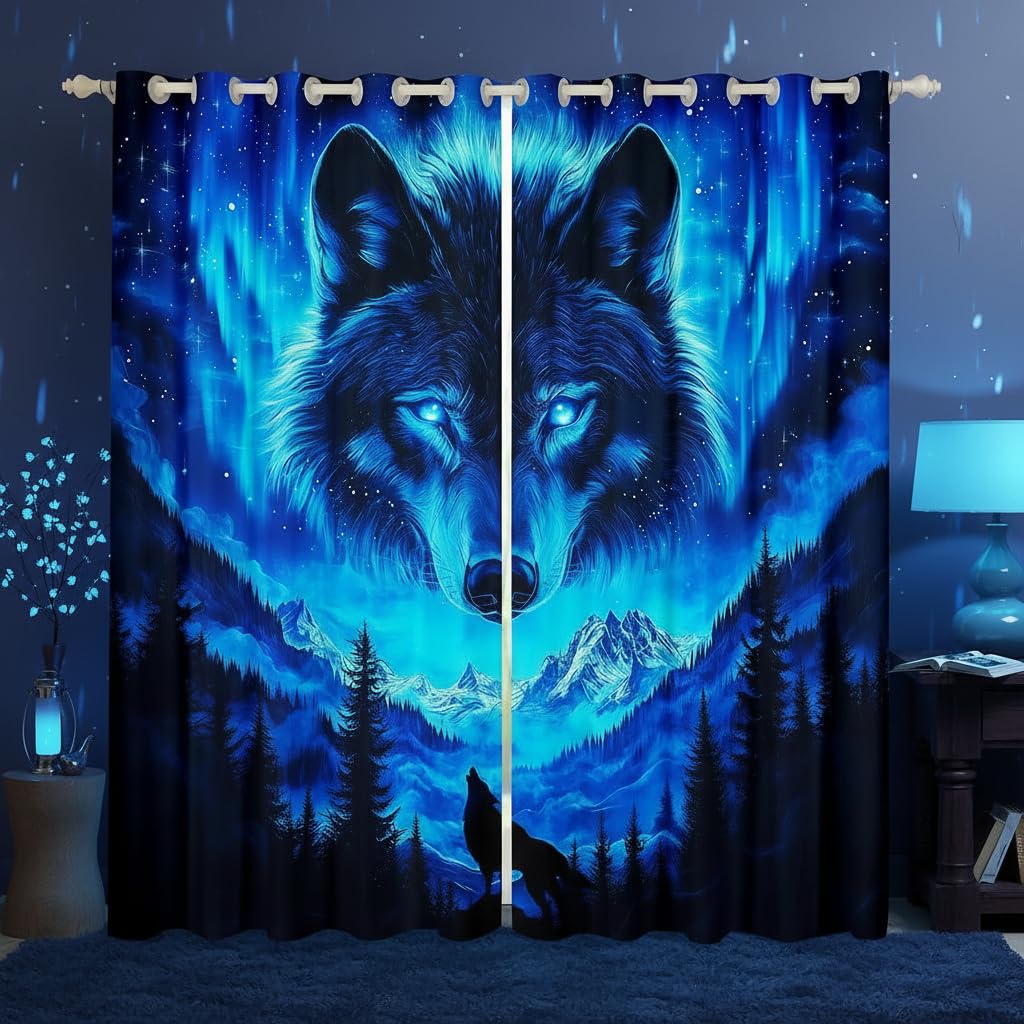 Wolf Print Fenster Vorhänge, Wildlife Wolf Tier Jagd Thema Küche Fenster Behandlungen, Blue Galaxy Schnee Berg Kiefer natürliche Fenster Vorhänge für Home Decor, 2 Panels, L Größe,Gute Schattierung