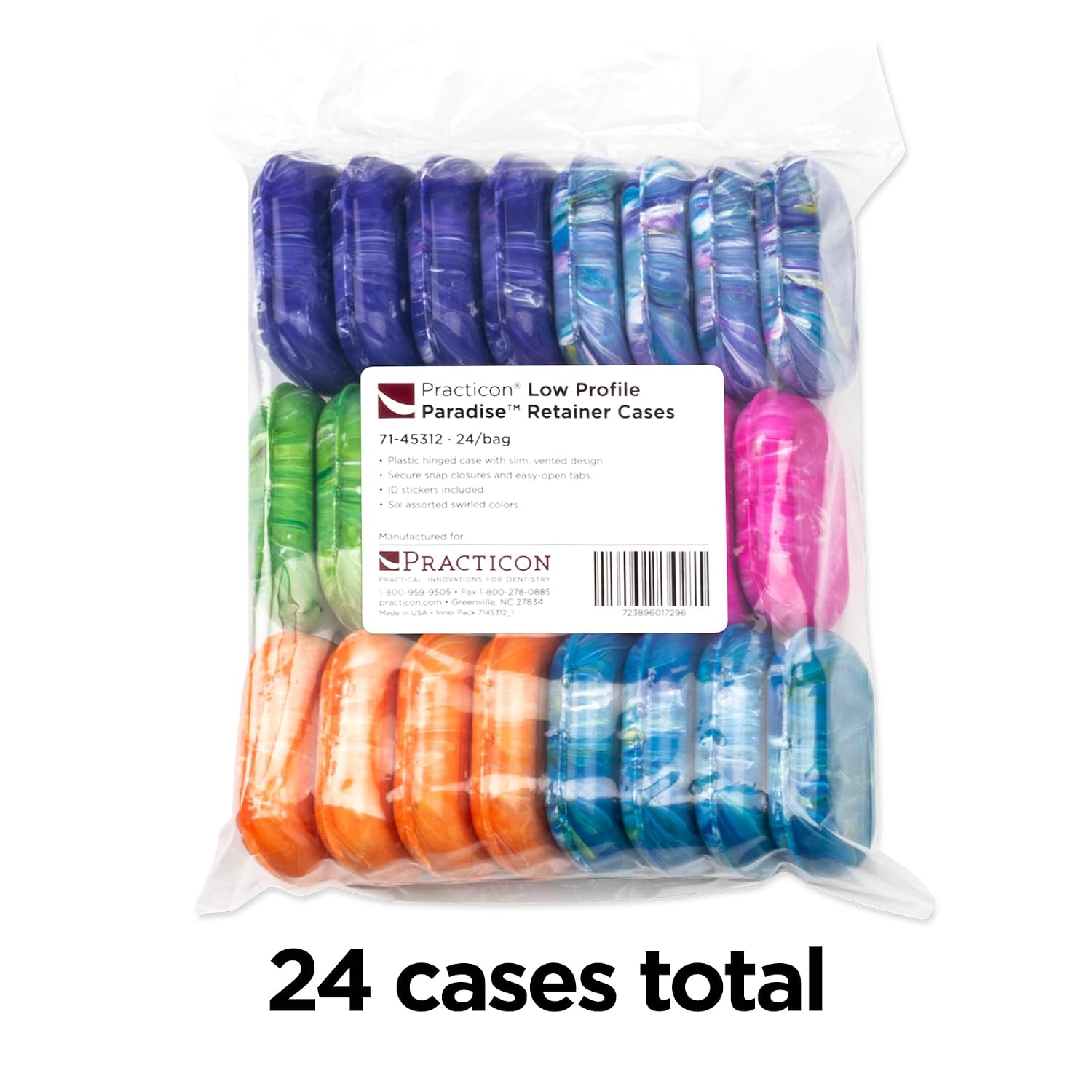 Practicon Easy Open Low Profile Retainer Cases, Assorted Paradise Swirl Colors, Bulk Pack of 24