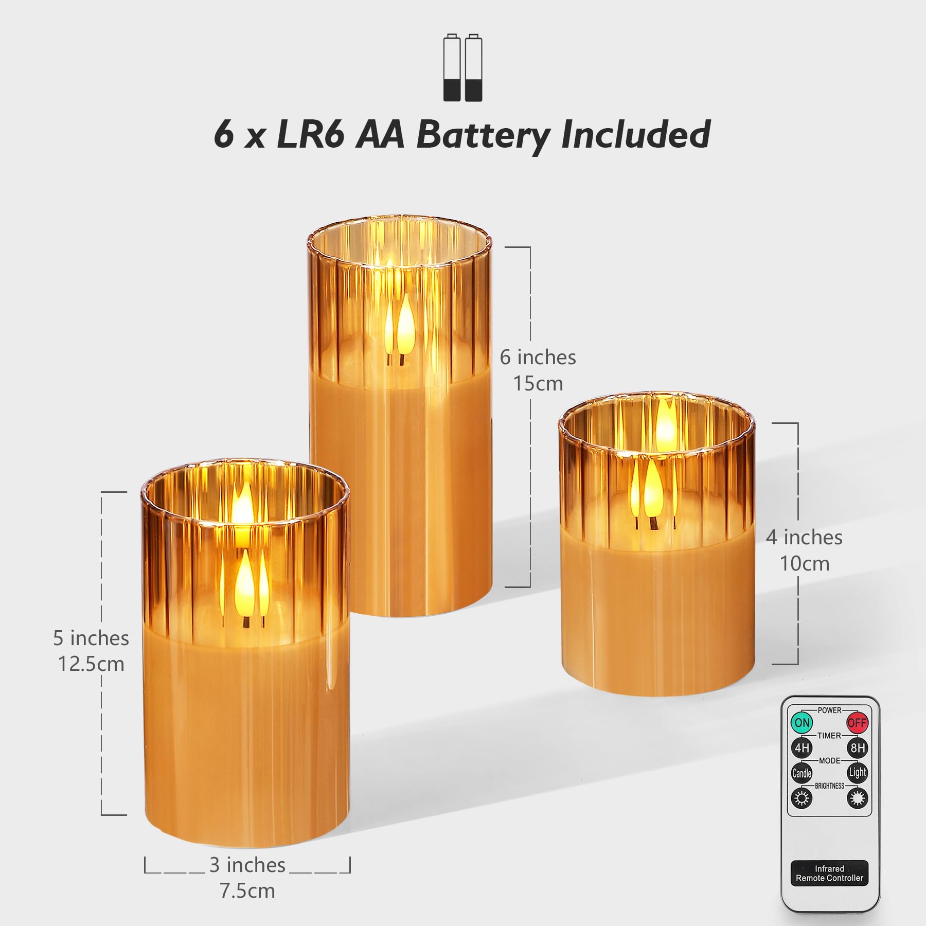 Rhytsing 3 Velas led de Cristal Rayas Verticales Dorado con Mando a distancia, Velas a Pilas con Temporizador Decorativas para Navidad, Altura 10cm / 12,5cm / 15cm (Dorado)